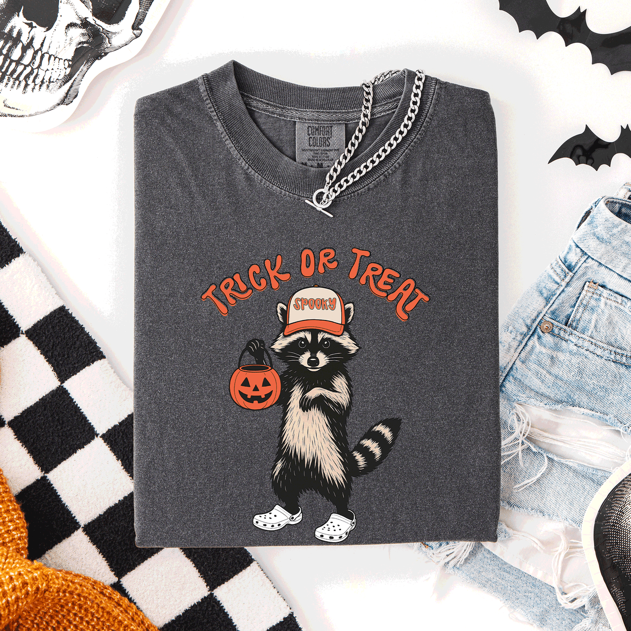 Raccoon Trick Or Treat Halloween Spooky Nighttime Illustration Artwork Comfort Colors Tee