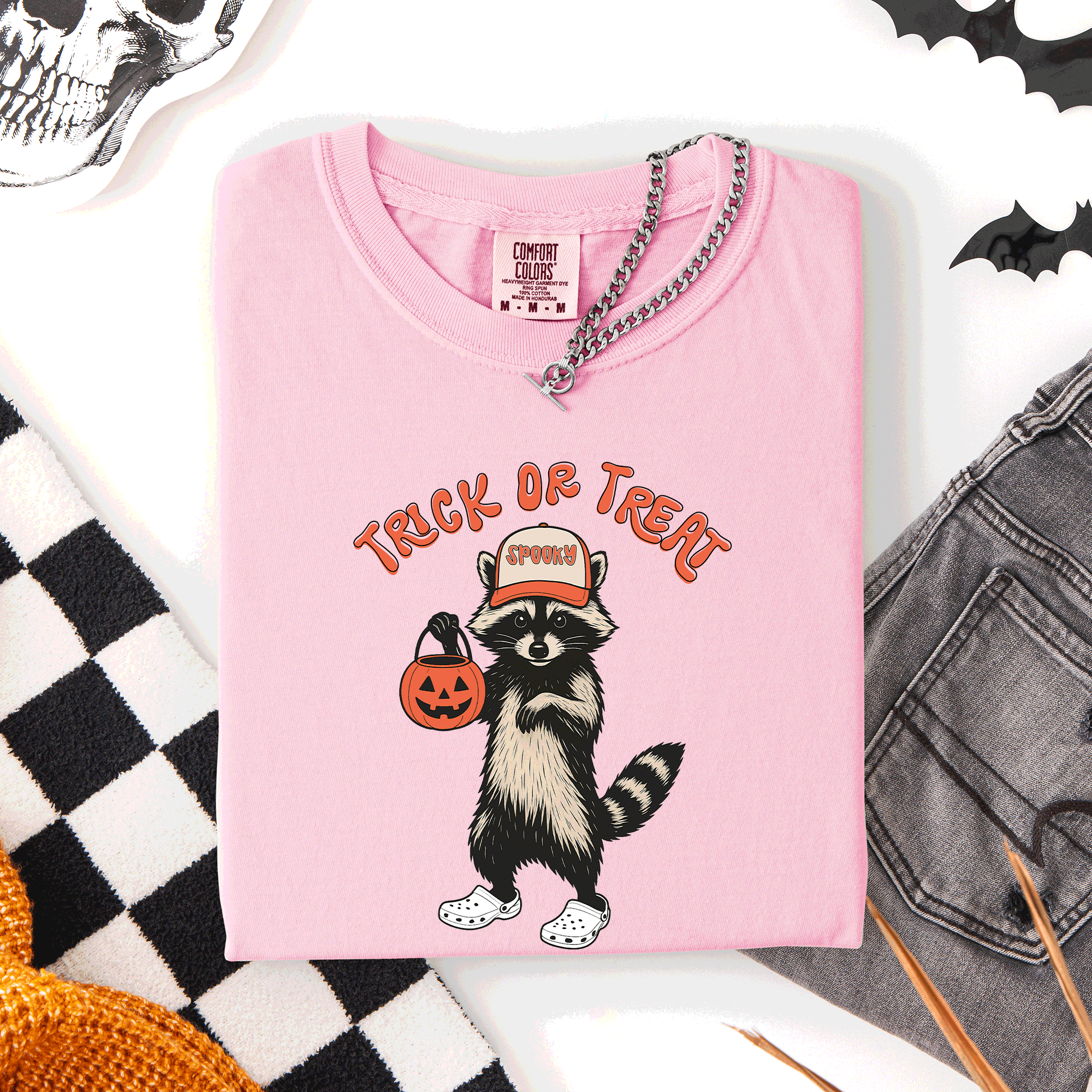 Raccoon Trick Or Treat Halloween Spooky Nighttime Illustration Artwork Comfort Colors Tee