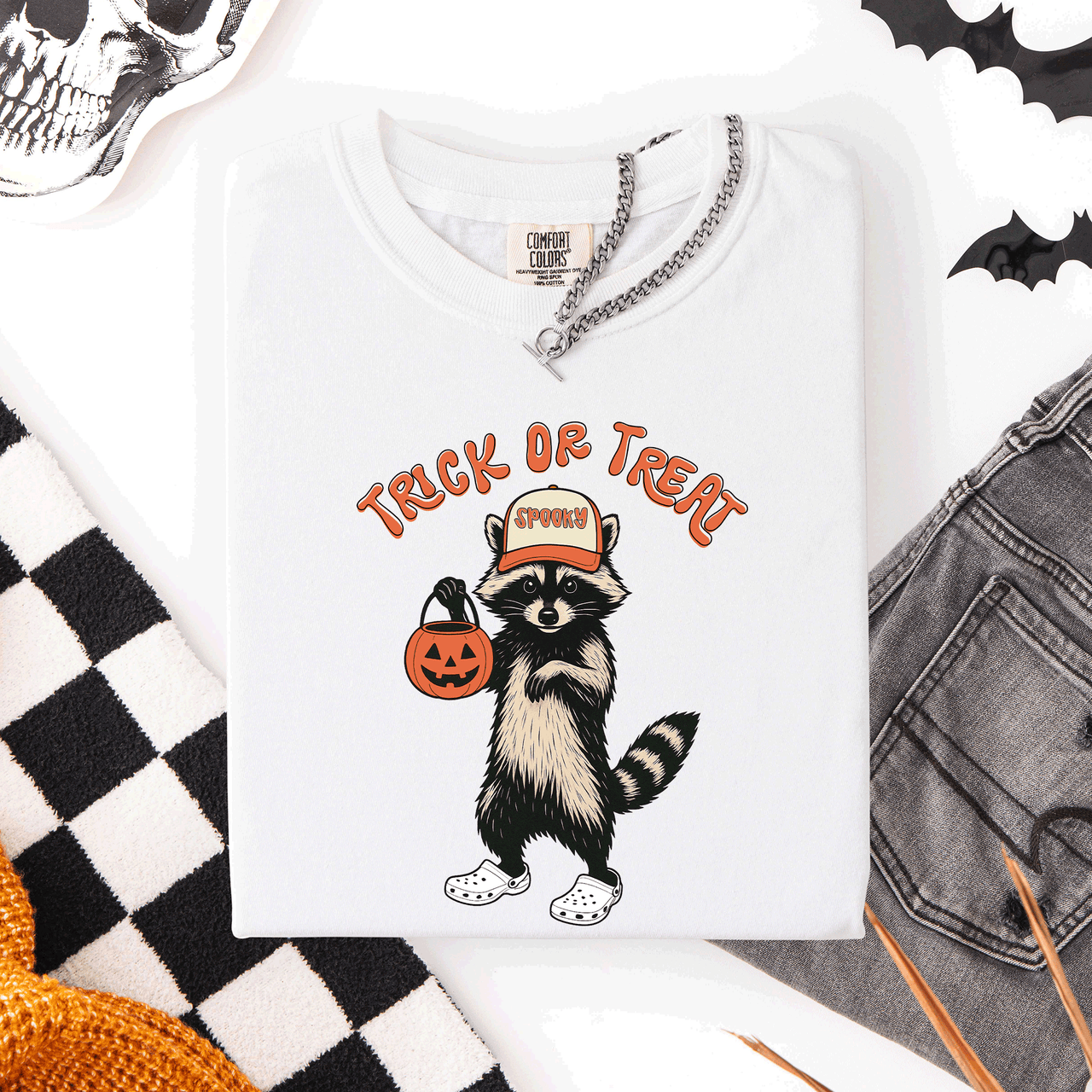 Raccoon Trick Or Treat Halloween Spooky Nighttime Illustration Artwork Comfort Colors Tee
