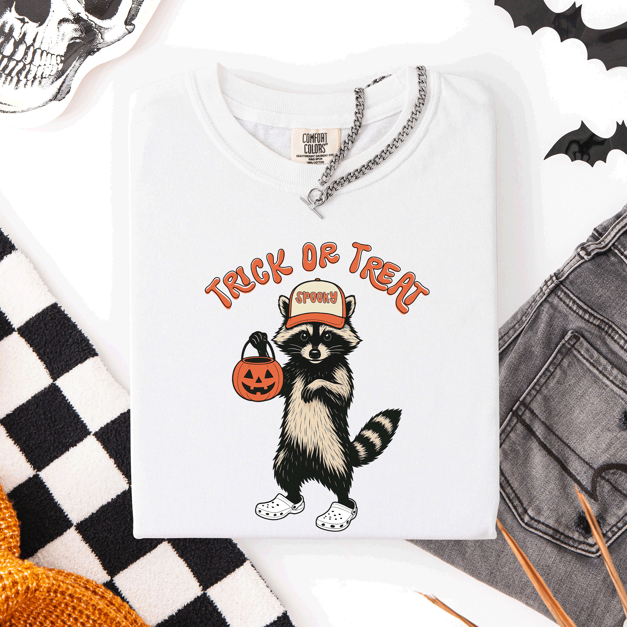 Raccoon Trick Or Treat Halloween Spooky Nighttime Illustration Artwork Comfort Colors Tee