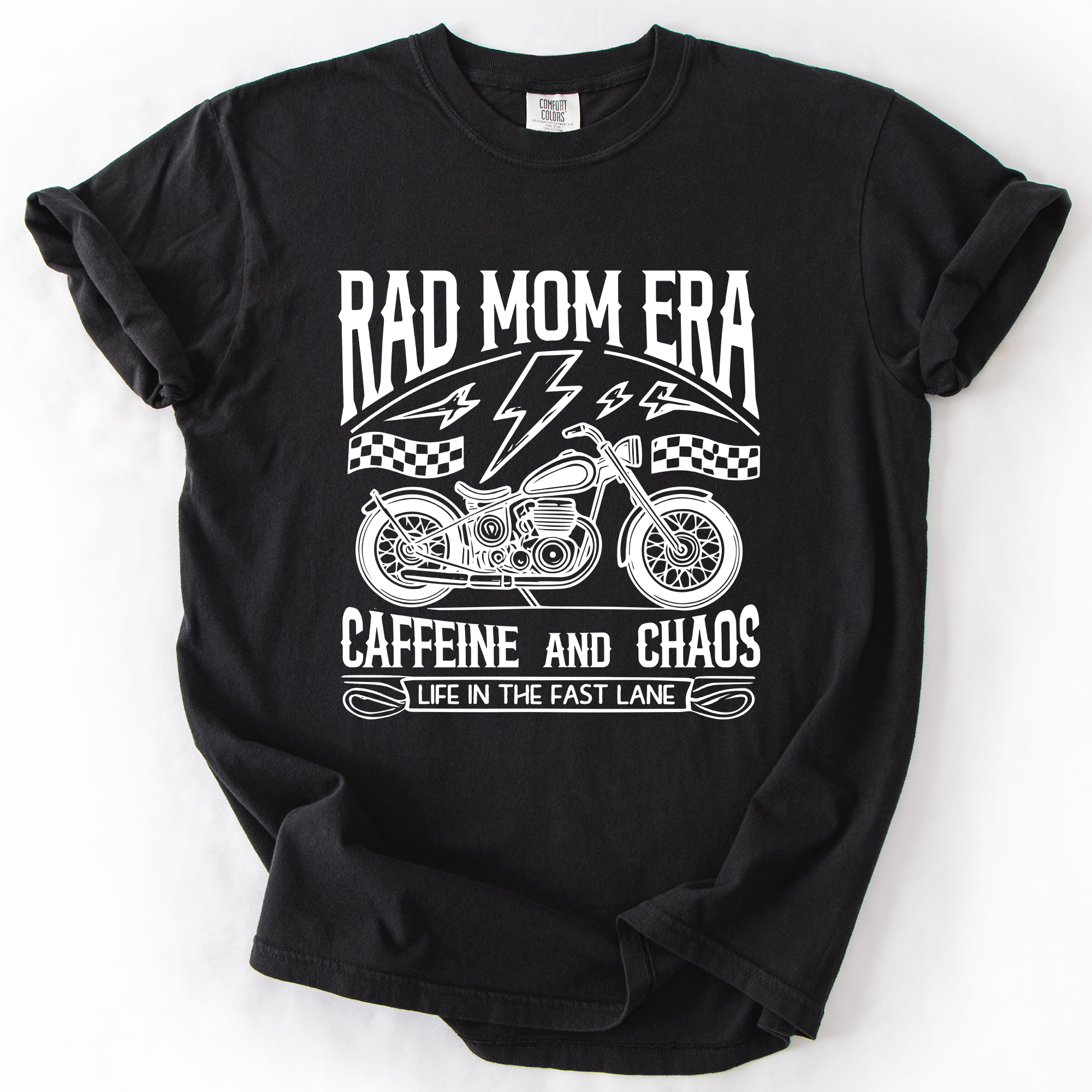 Rad Mom Era Caffeine and Chaos Sassy Mama Mother Real Life Supermom Everyday Hustle Coffee Loving Comfort Colors Tee
