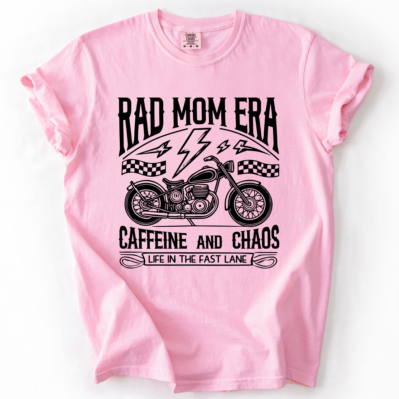 Rad Mom Era Caffeine and Chaos Sassy Mama Mother Real Life Supermom Everyday Hustle Coffee Loving Comfort Colors Tee