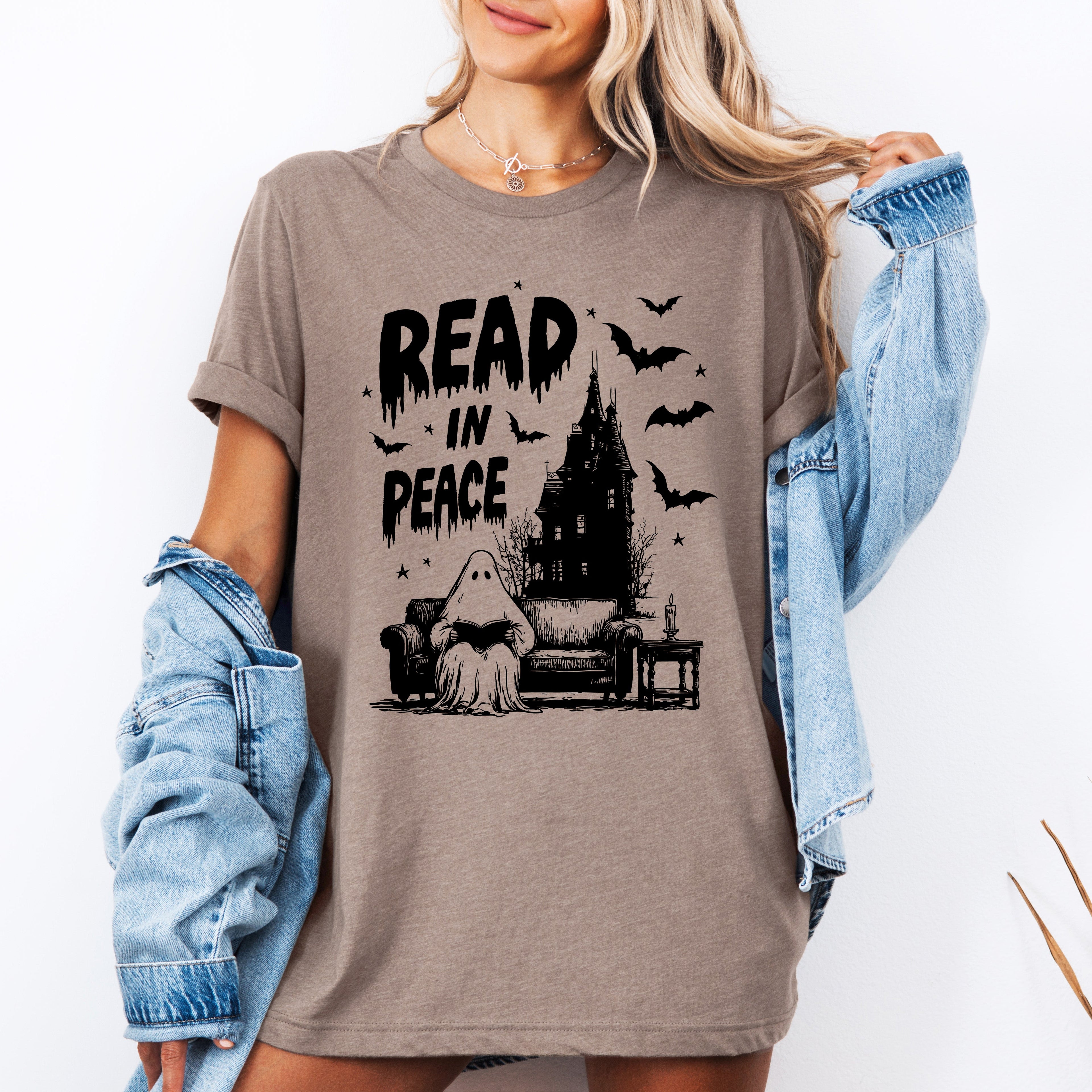 Read In Peace Ghostly Library Night Harvest Halloween Bookish Edition Graphic Tee