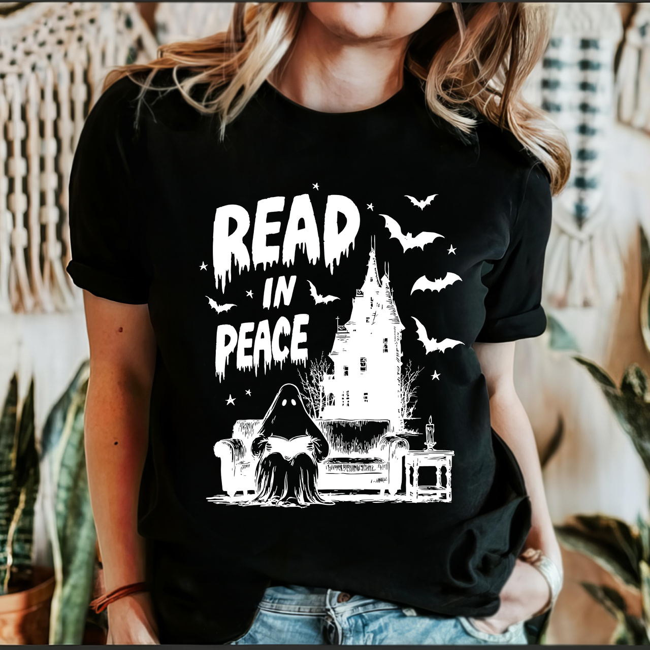 Read In Peace Ghost Haunted Halloween Spooky Bookish Library Booktok Graphic Tee