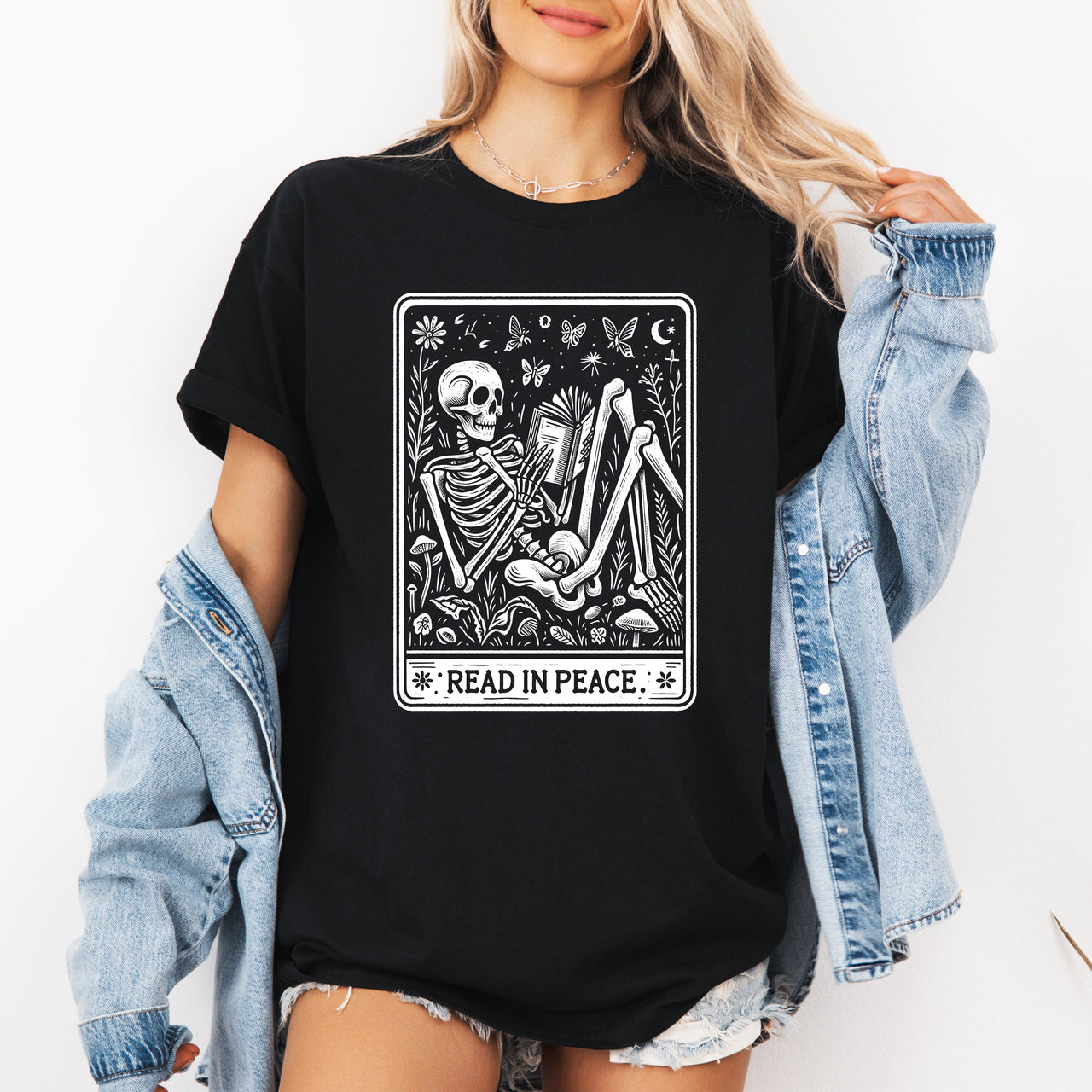 Read In Peace Halloween Skeleton Tarot Books Library Edition Collectible Graphic Tee