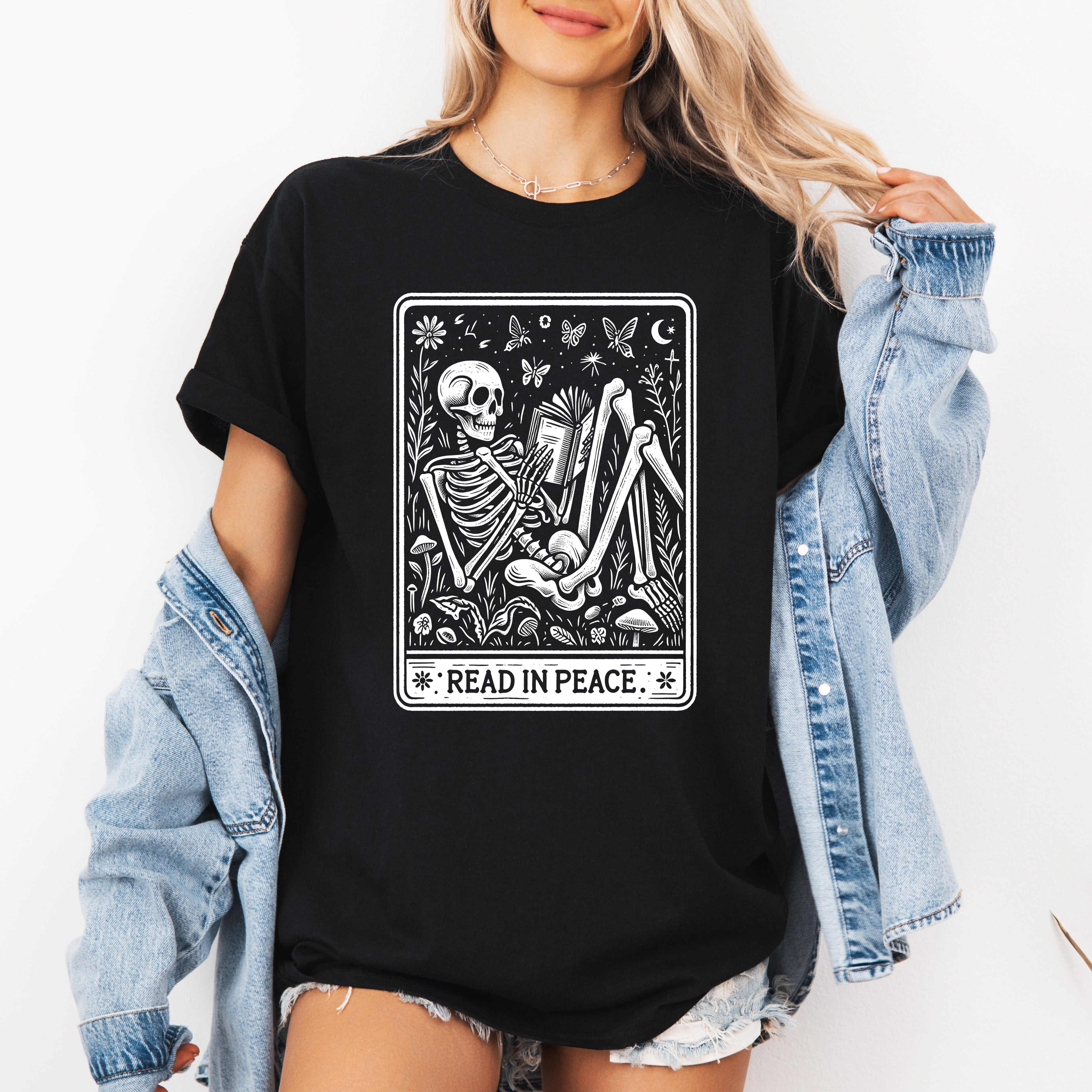 Read In Peace Halloween Skeleton Tarot Books Library Edition Collectible Graphic Tee