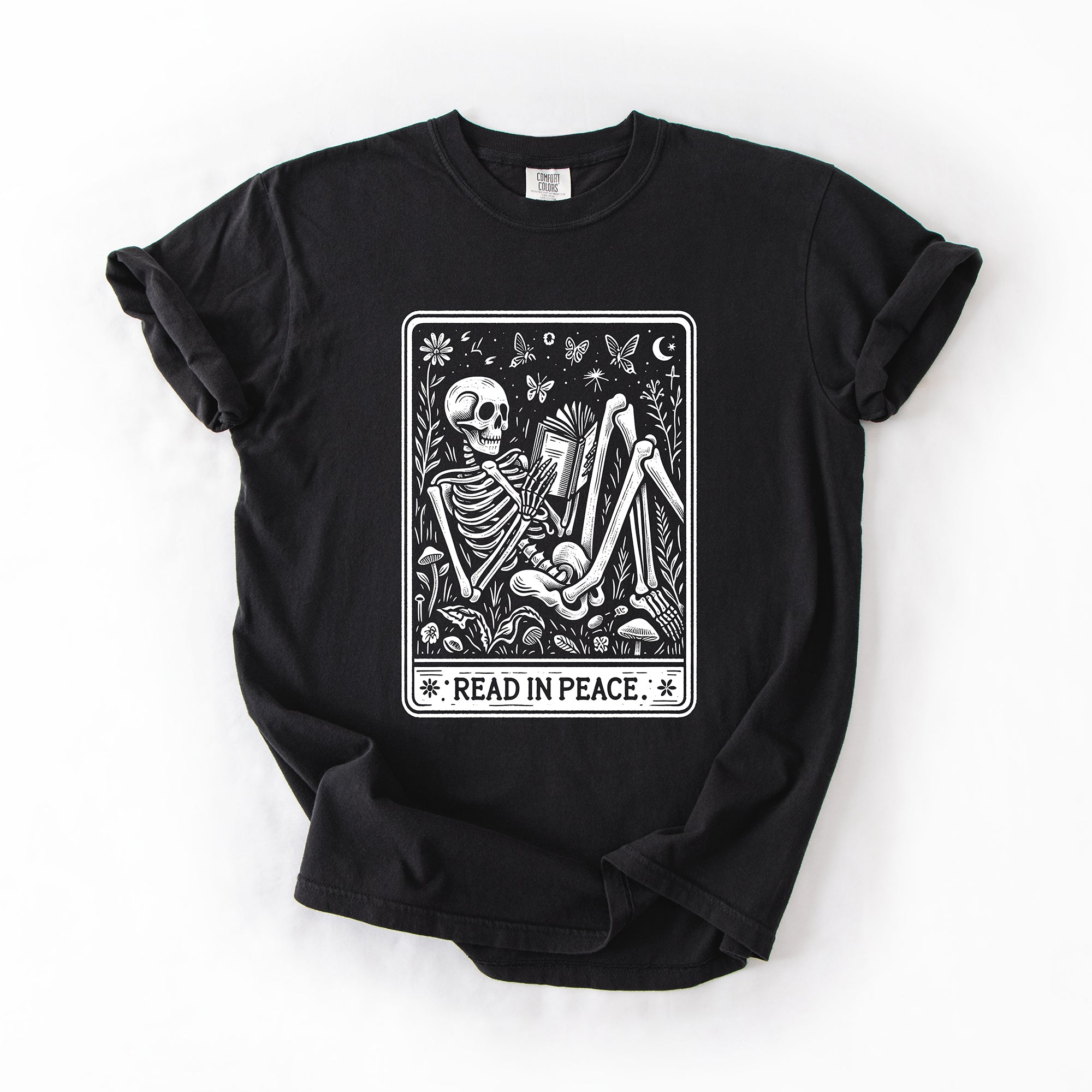 Read In Peace Halloween Skeleton Tarot Books Library Spooky Edition Comfort Colors Tee