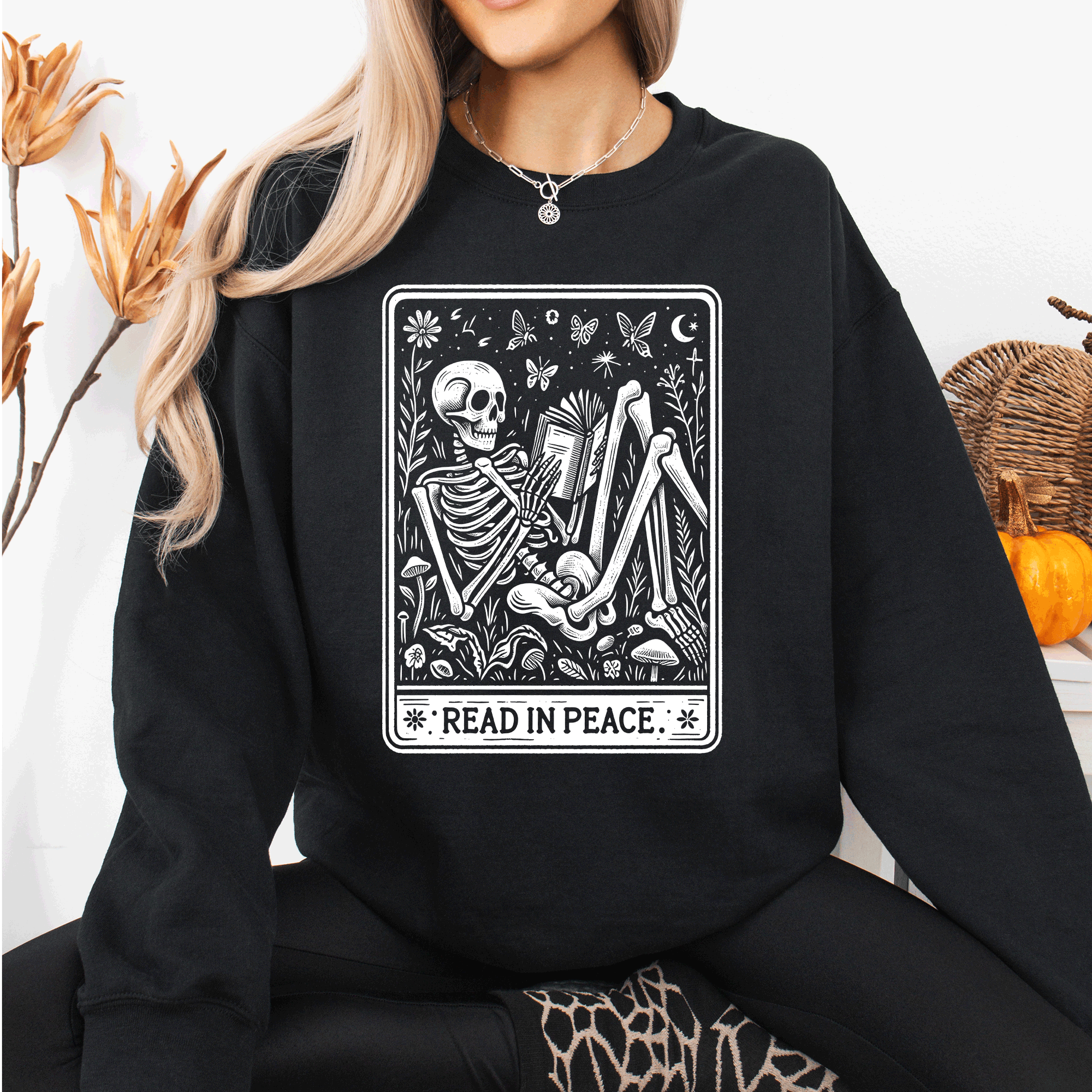 Read In Peace Halloween Skeleton Tarot Books Library Collection Graphic Sweatshirt