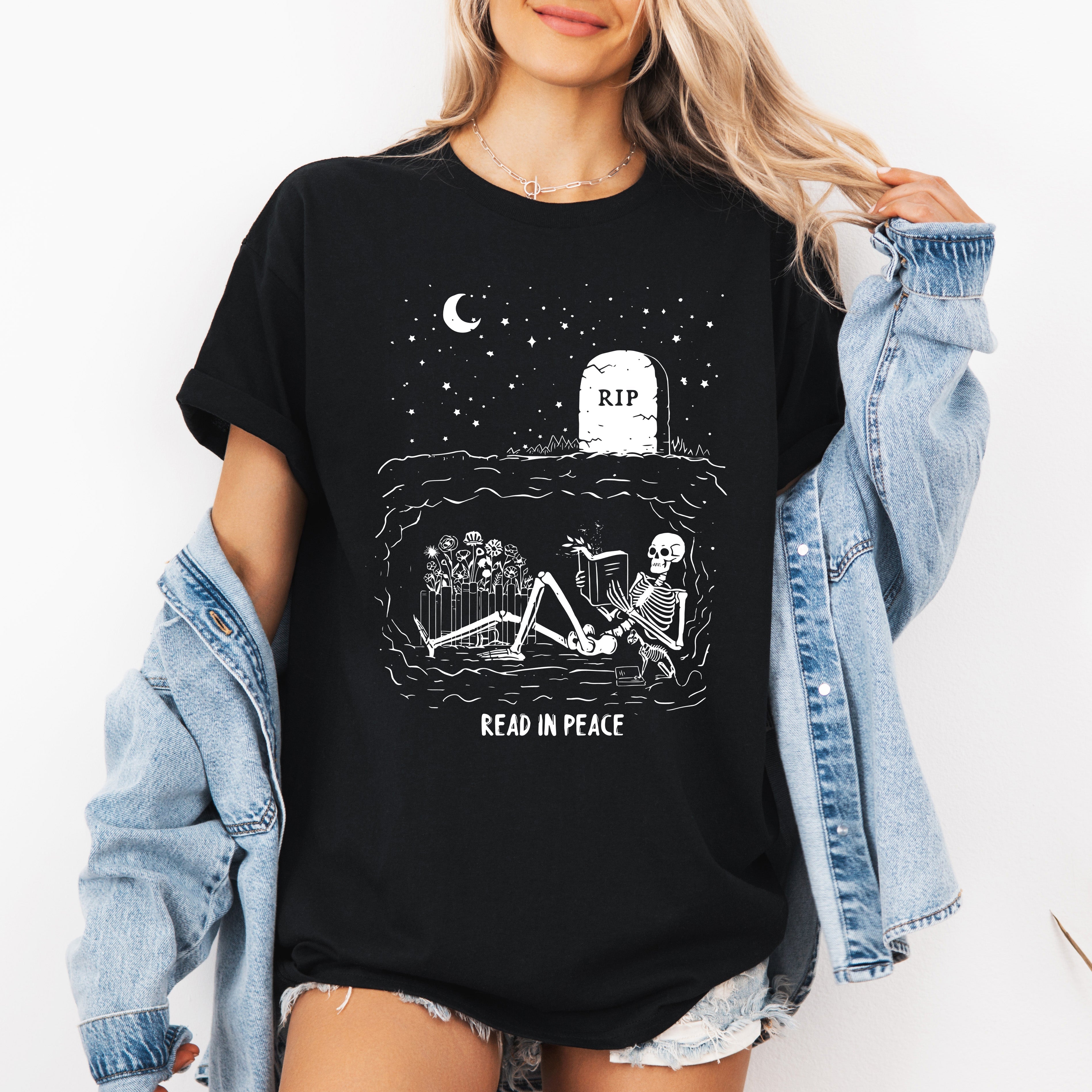 Read In Peace Skeleton RIP Halloween BookTok Library Edition Limited Release Graphic Tee