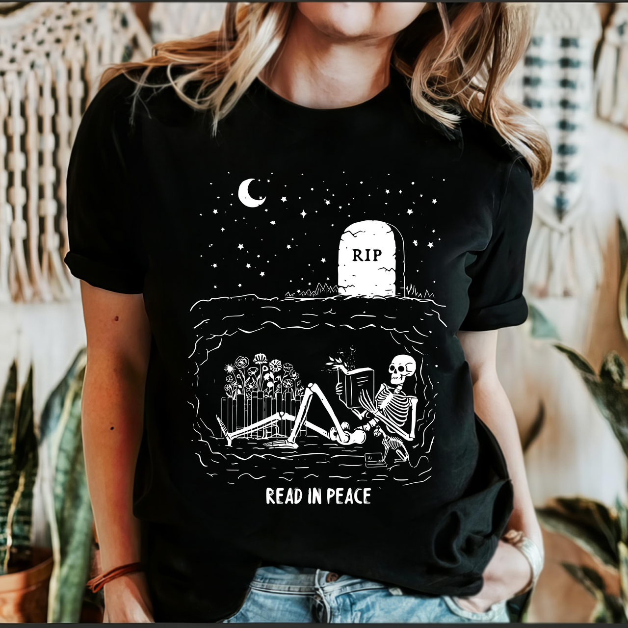 Read In Peace Skeleton RIP Halloween Booktok Library Bookish Spooky Dark Graphic Tee