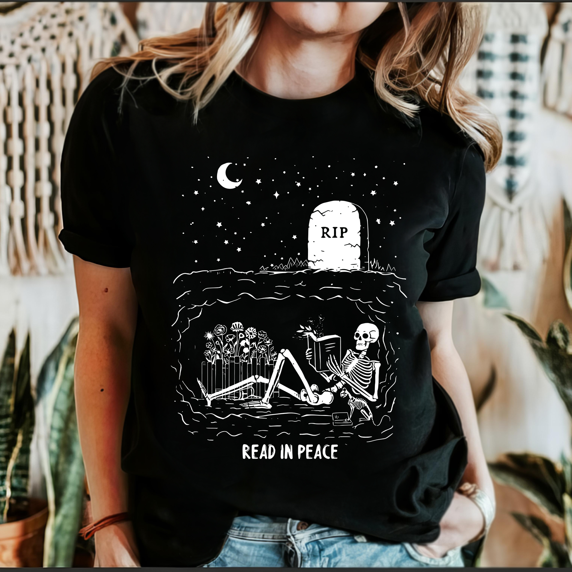 Read In Peace Skeleton RIP Halloween Booktok Library Bookish Spooky Dark Graphic Tee