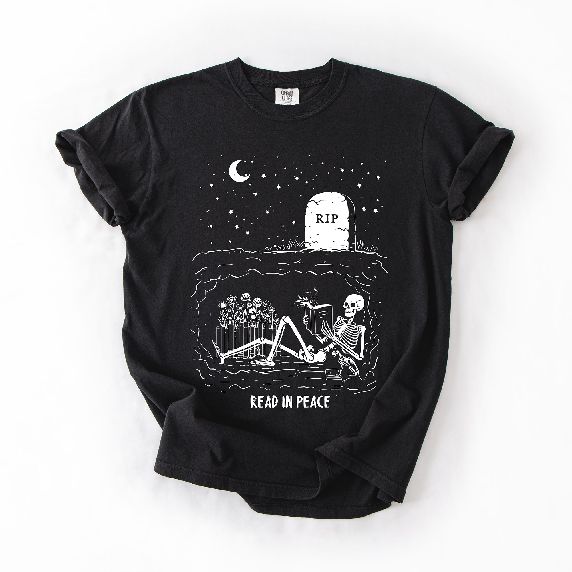 Read In Peace Skeleton RIP Halloween Booktok Bookish Library Edition Comfort Colors Tee