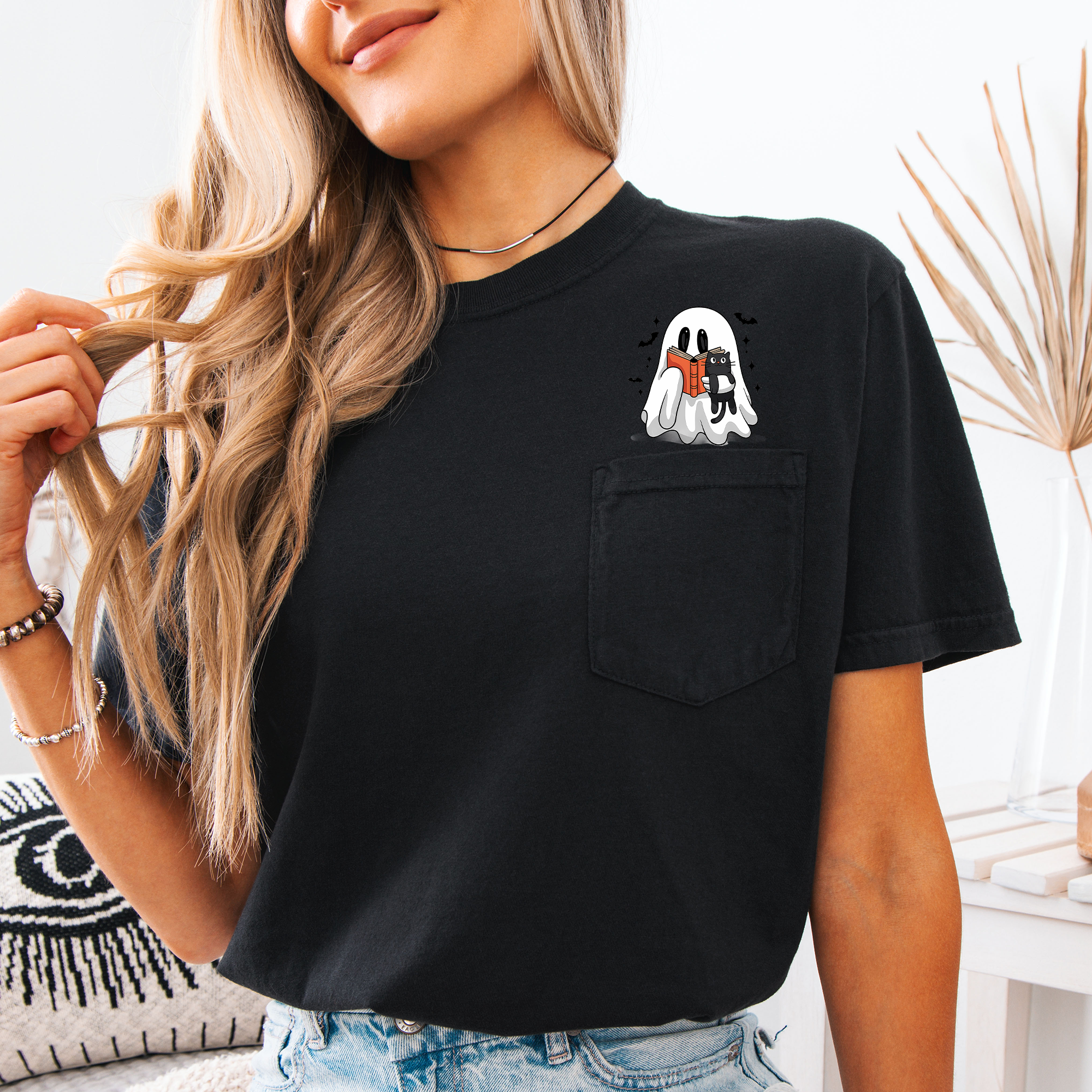 Reading Ghost And Cat Reading A Book By The Library Shelf On Halloween Night Comfort Colors Tee