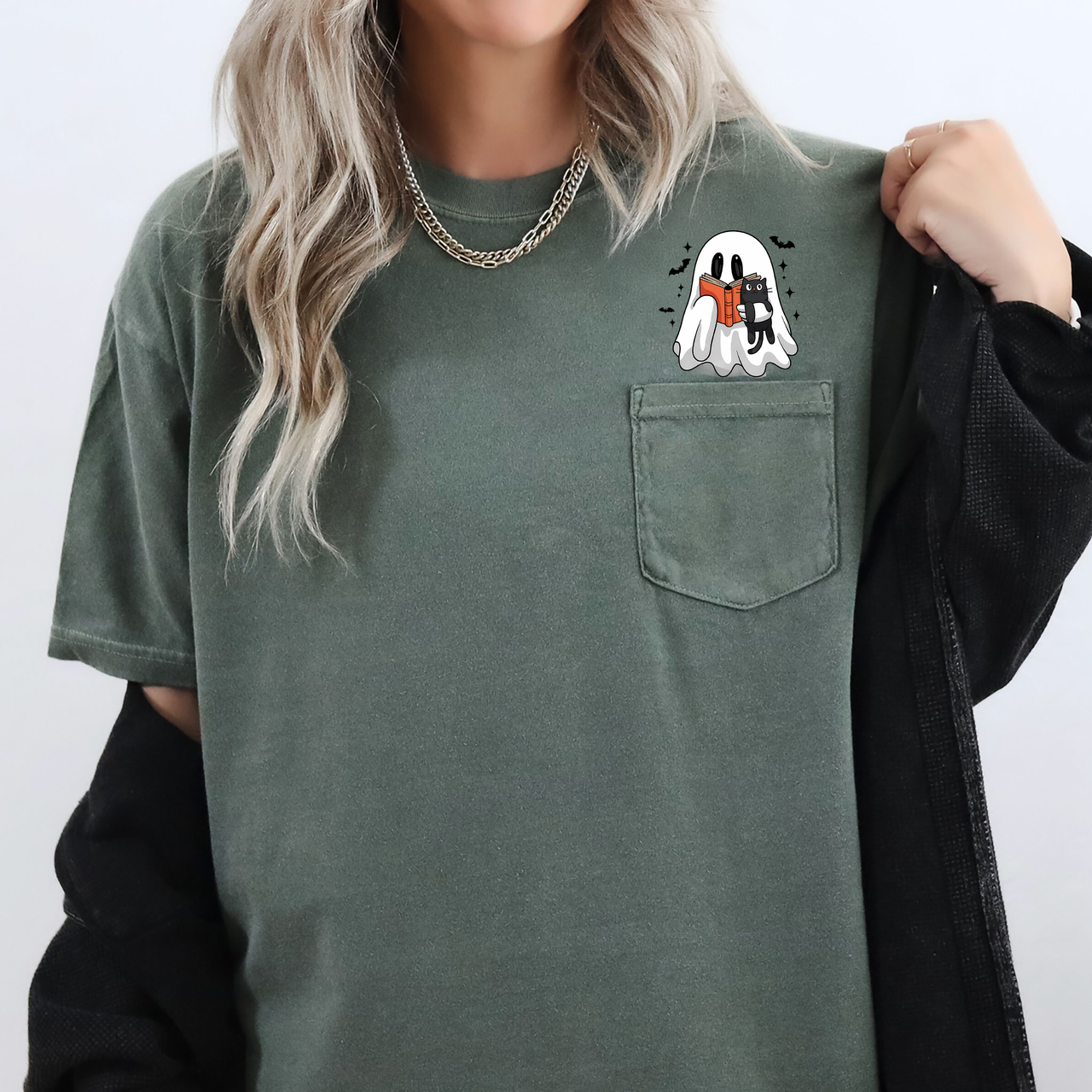 Reading Ghost And Cat Reading A Book By The Library Shelf On Halloween Night Comfort Colors Tee