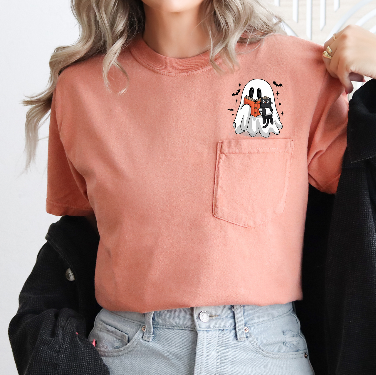 Reading Ghost And Cat Reading A Book By The Library Shelf On Halloween Night Comfort Colors Tee