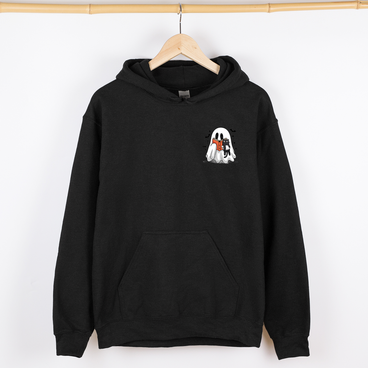 Reading Ghost Cat Pocket Bookish Halloween Library Cozy Spooky Night Graphic Hoodie