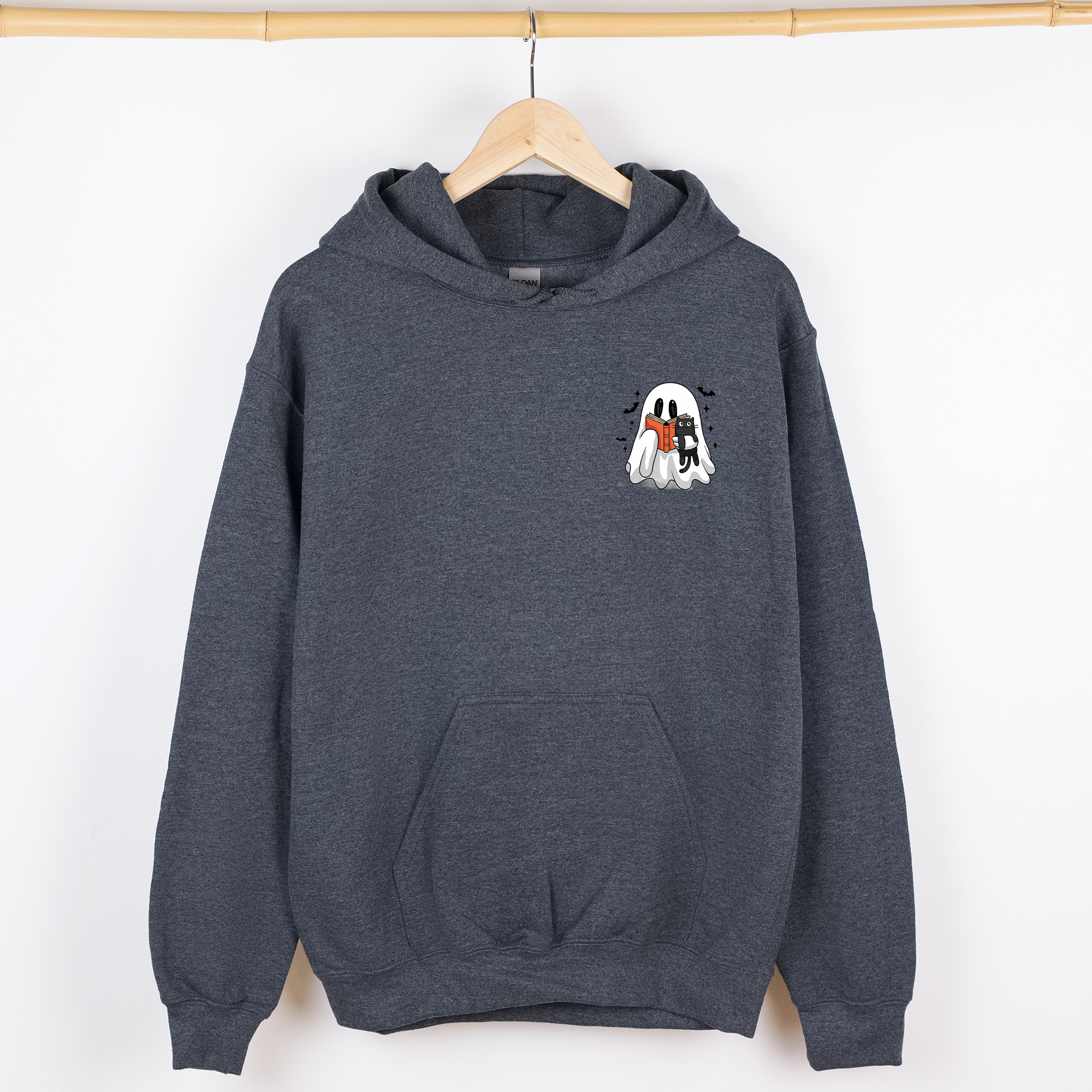 Reading Ghost Cat Pocket Bookish Halloween Library Cozy Spooky Night Graphic Hoodie
