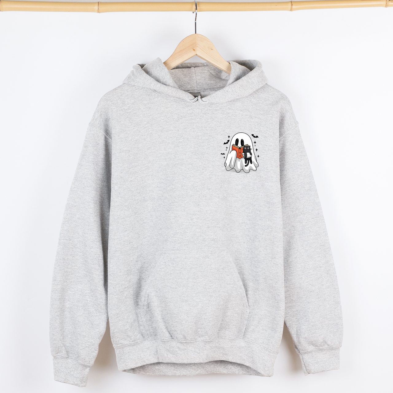 Reading Ghost Cat Pocket Bookish Halloween Library Cozy Spooky Night Graphic Hoodie