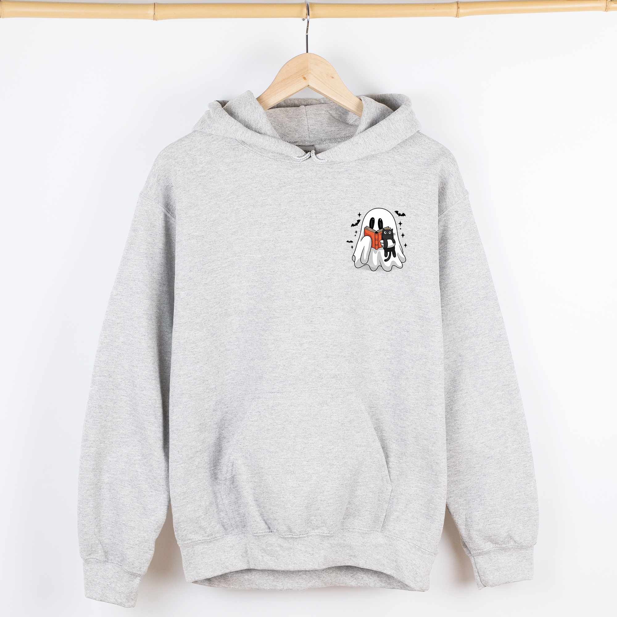 Reading Ghost Cat Pocket Bookish Halloween Library Cozy Spooky Night Graphic Hoodie