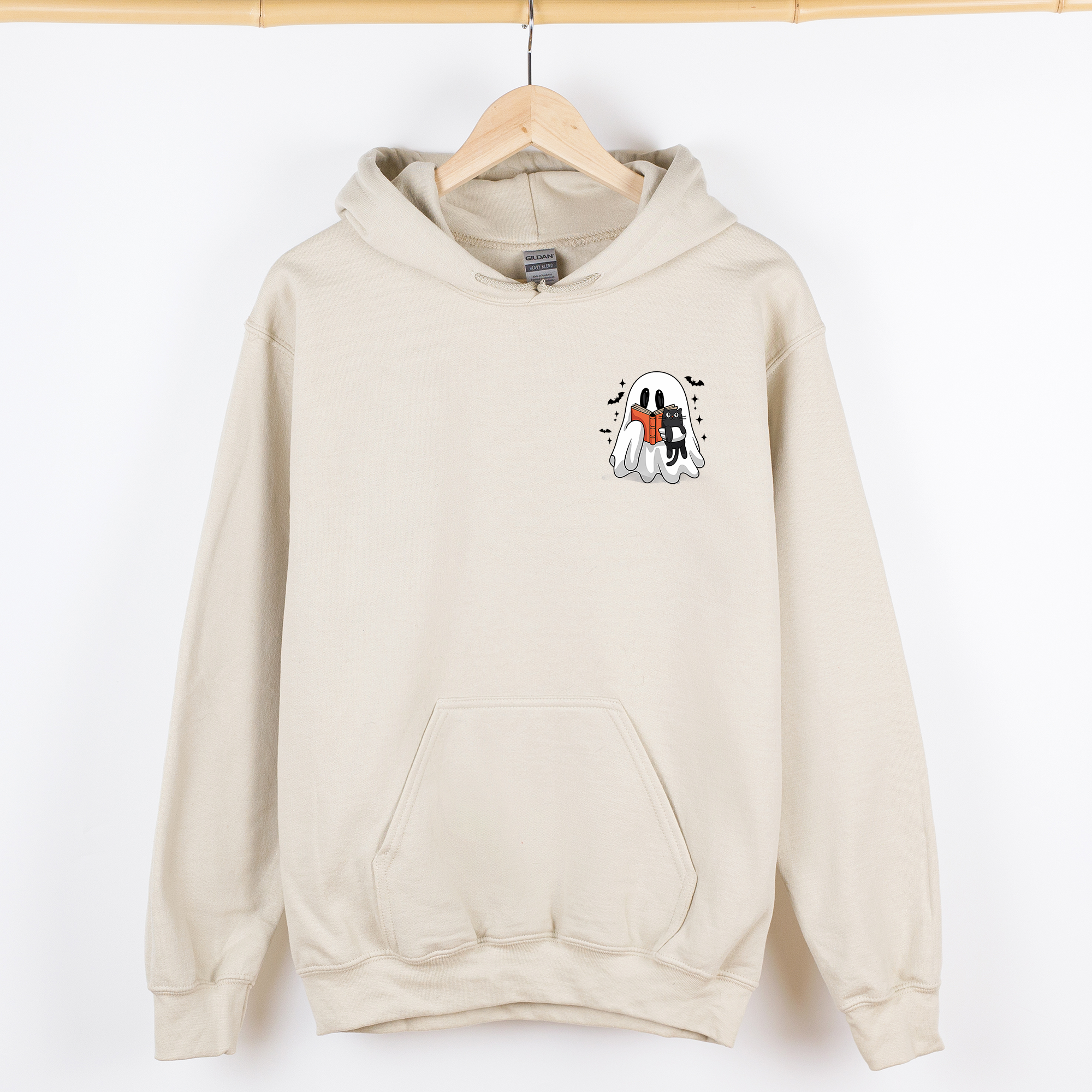 Reading Ghost Cat Pocket Bookish Halloween Library Cozy Spooky Night Graphic Hoodie