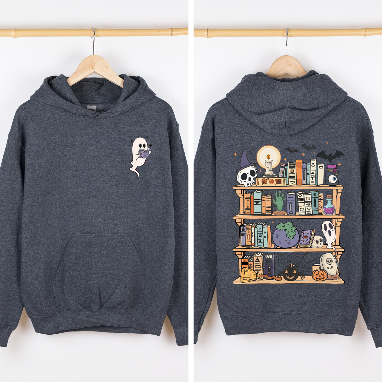 Reading Ghost Library Halloween Spooky Front Back Teacher Boo Story Time Graphic Hoodie