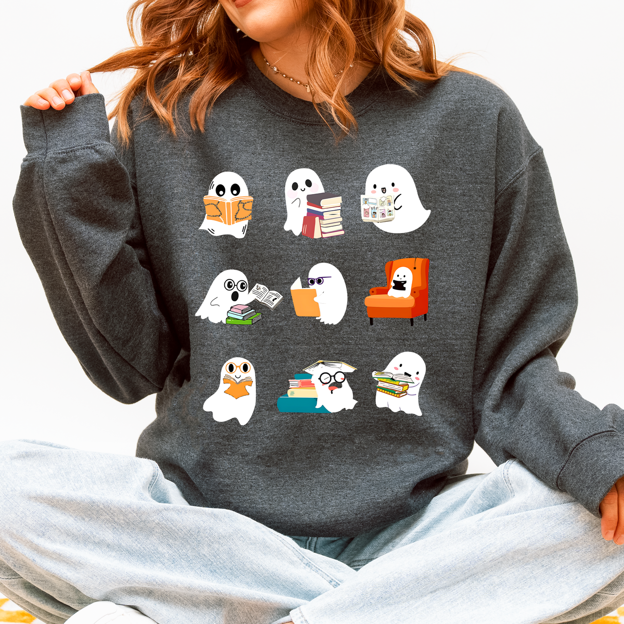 Reading Ghosts Halloween Library Books Cozy Night In Vintage Deluxe Graphic Sweatshirt