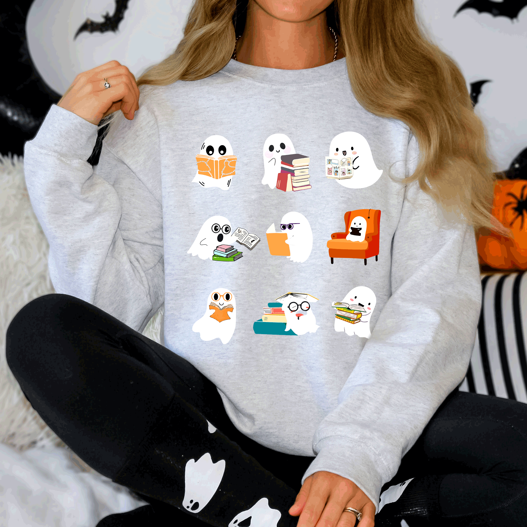 Reading Ghosts Halloween Library Books Cozy Night In Vintage Deluxe Graphic Sweatshirt