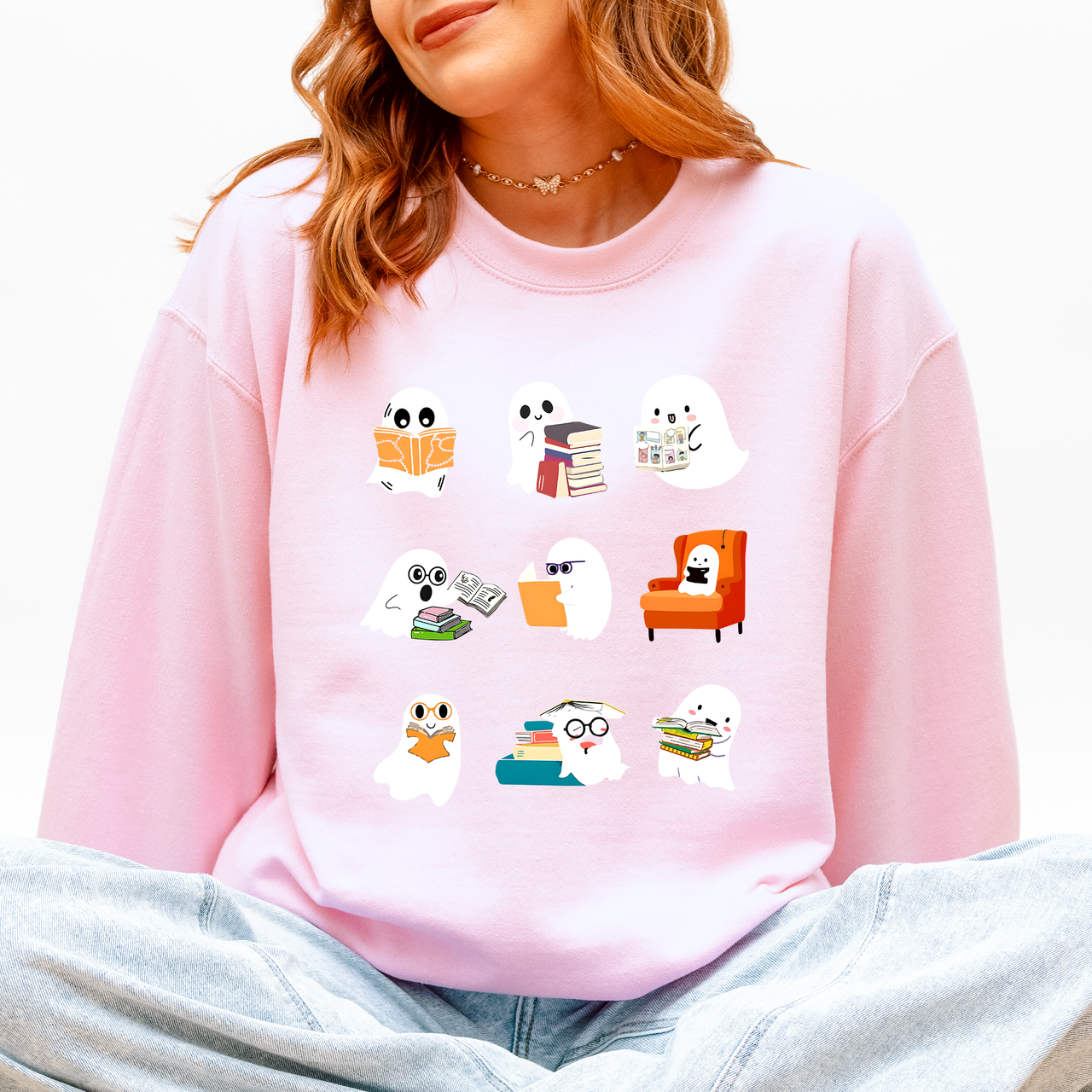 Reading Ghosts Halloween Library Books Cozy Night In Vintage Deluxe Graphic Sweatshirt