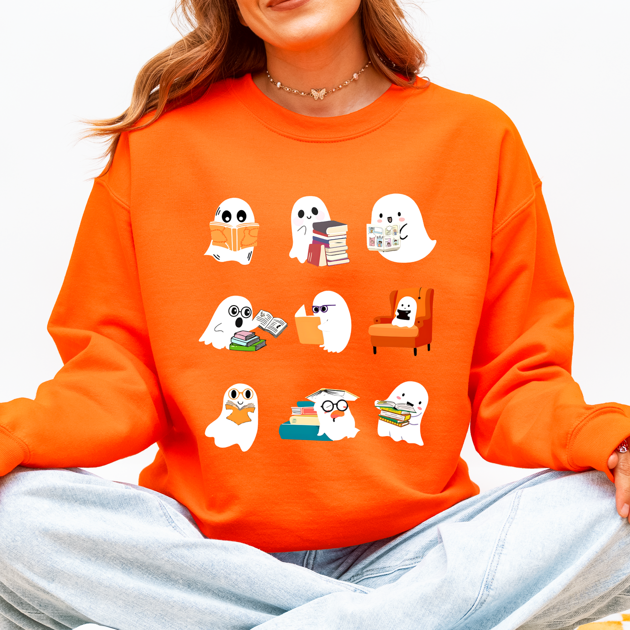 Reading Ghosts Halloween Library Books Cozy Night In Vintage Deluxe Graphic Sweatshirt