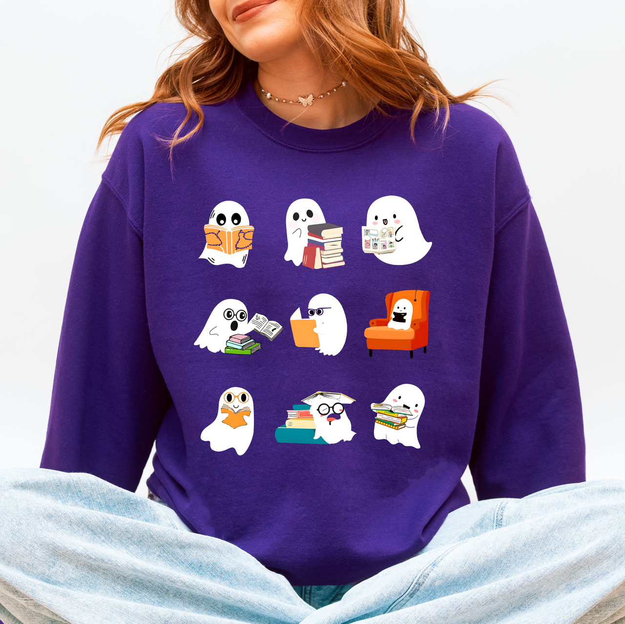 Reading Ghosts Halloween Library Books Cozy Night In Vintage Deluxe Graphic Sweatshirt