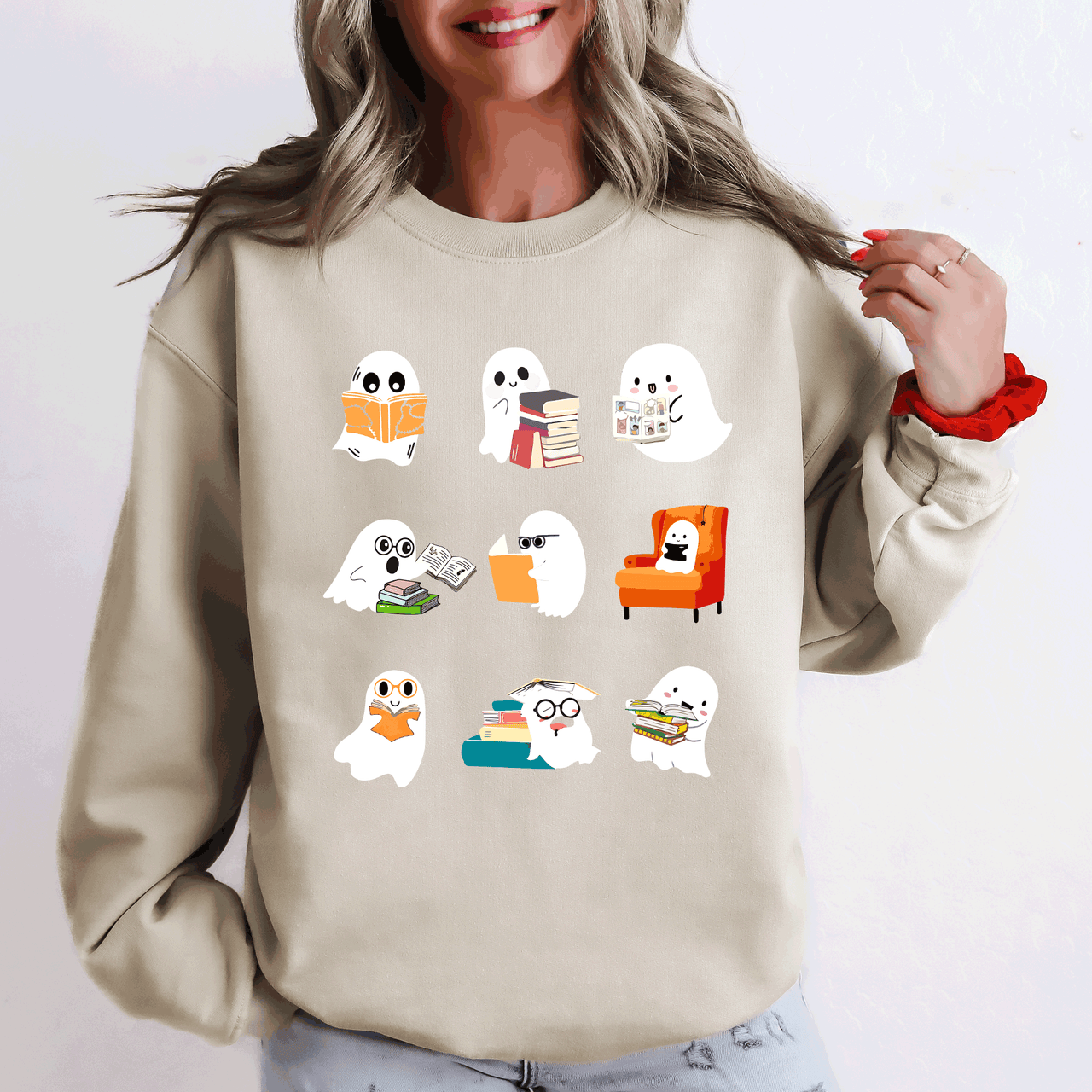 Reading Ghosts Halloween Library Books Cozy Night In Vintage Deluxe Graphic Sweatshirt