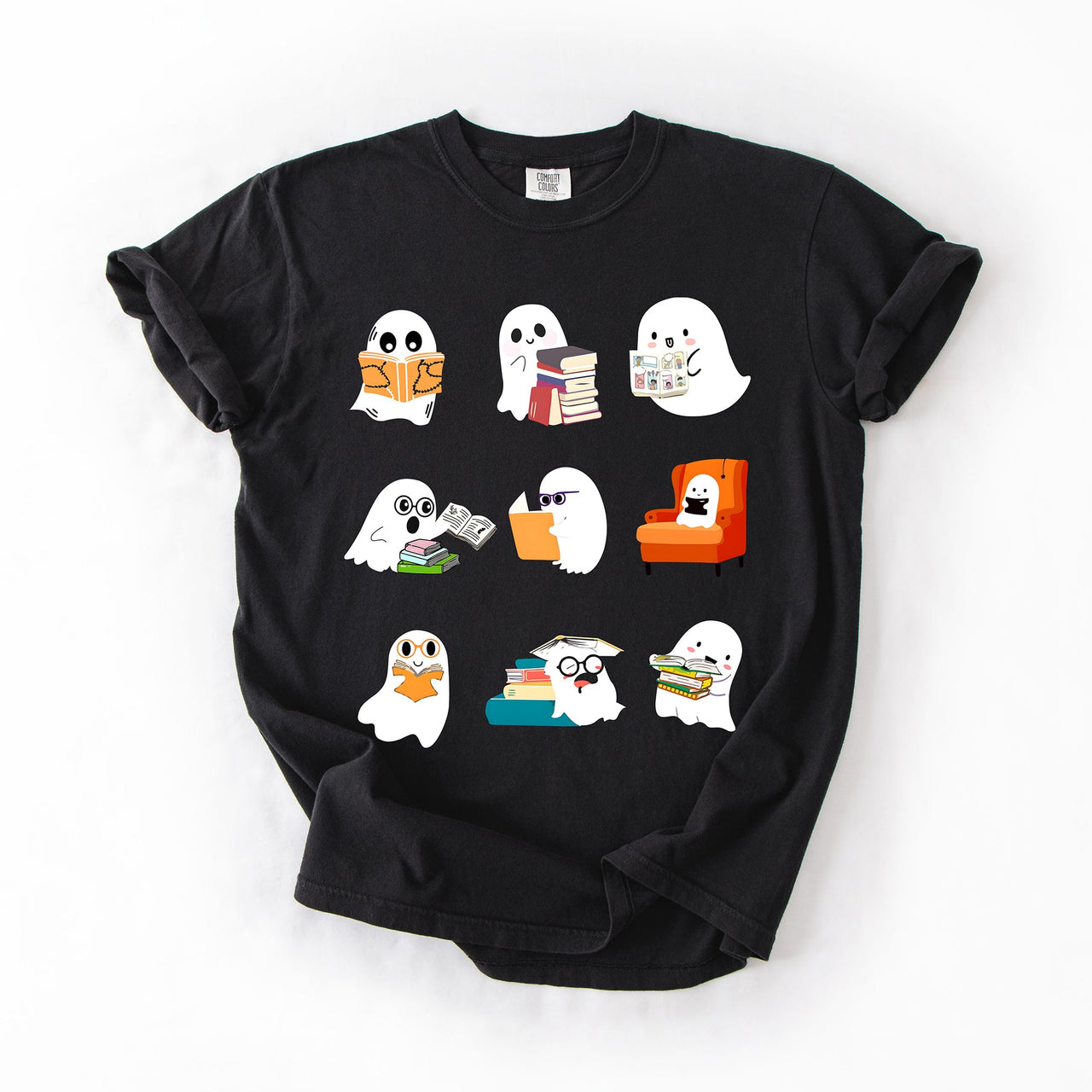 Reading Ghosts Halloween Library Books Scene Artwork Print Collection Comfort Colors Tee