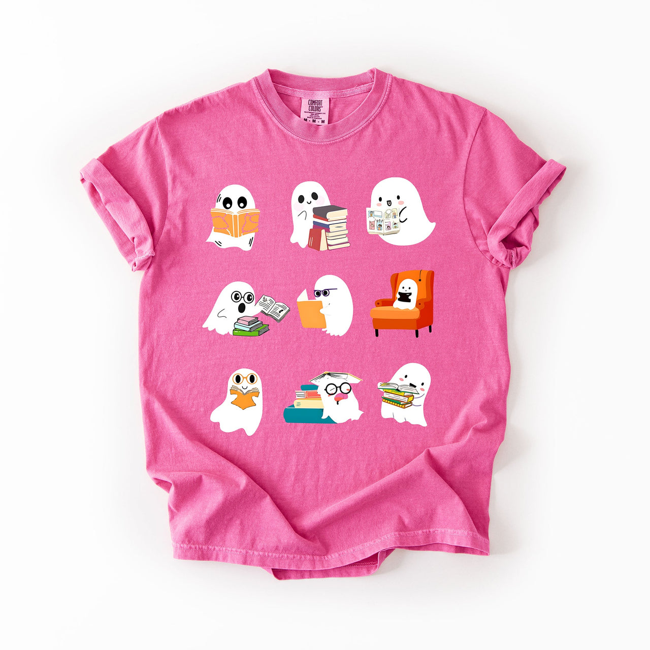 Reading Ghosts Halloween Library Books Scene Artwork Print Collection Comfort Colors Tee