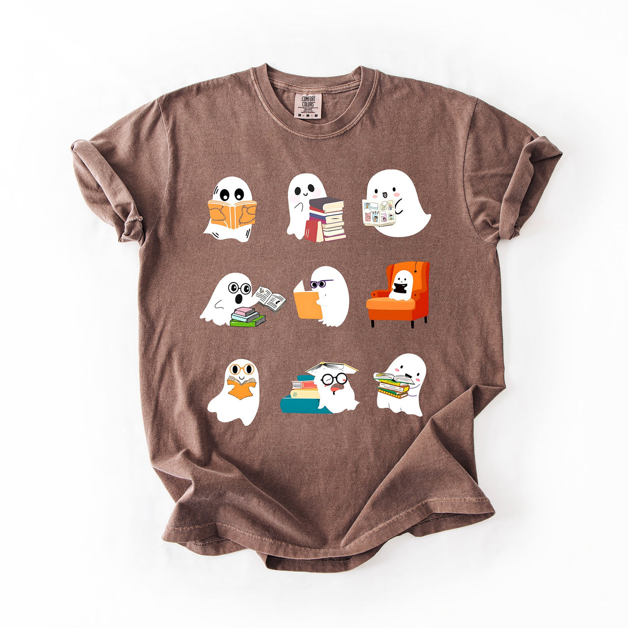 Reading Ghosts Halloween Library Books Scene Artwork Print Collection Comfort Colors Tee