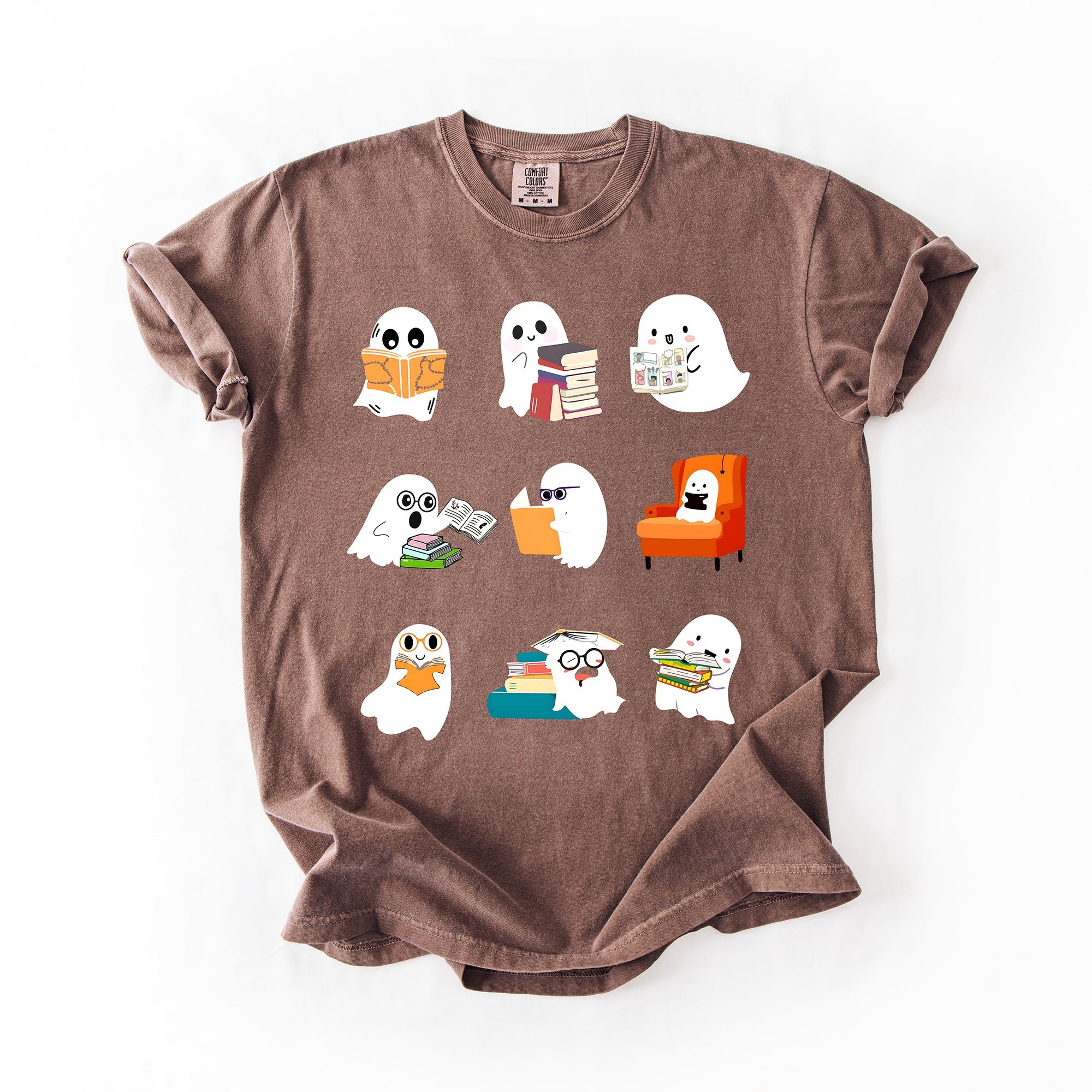 Reading Ghosts Halloween Library Books Scene Artwork Print Collection Comfort Colors Tee