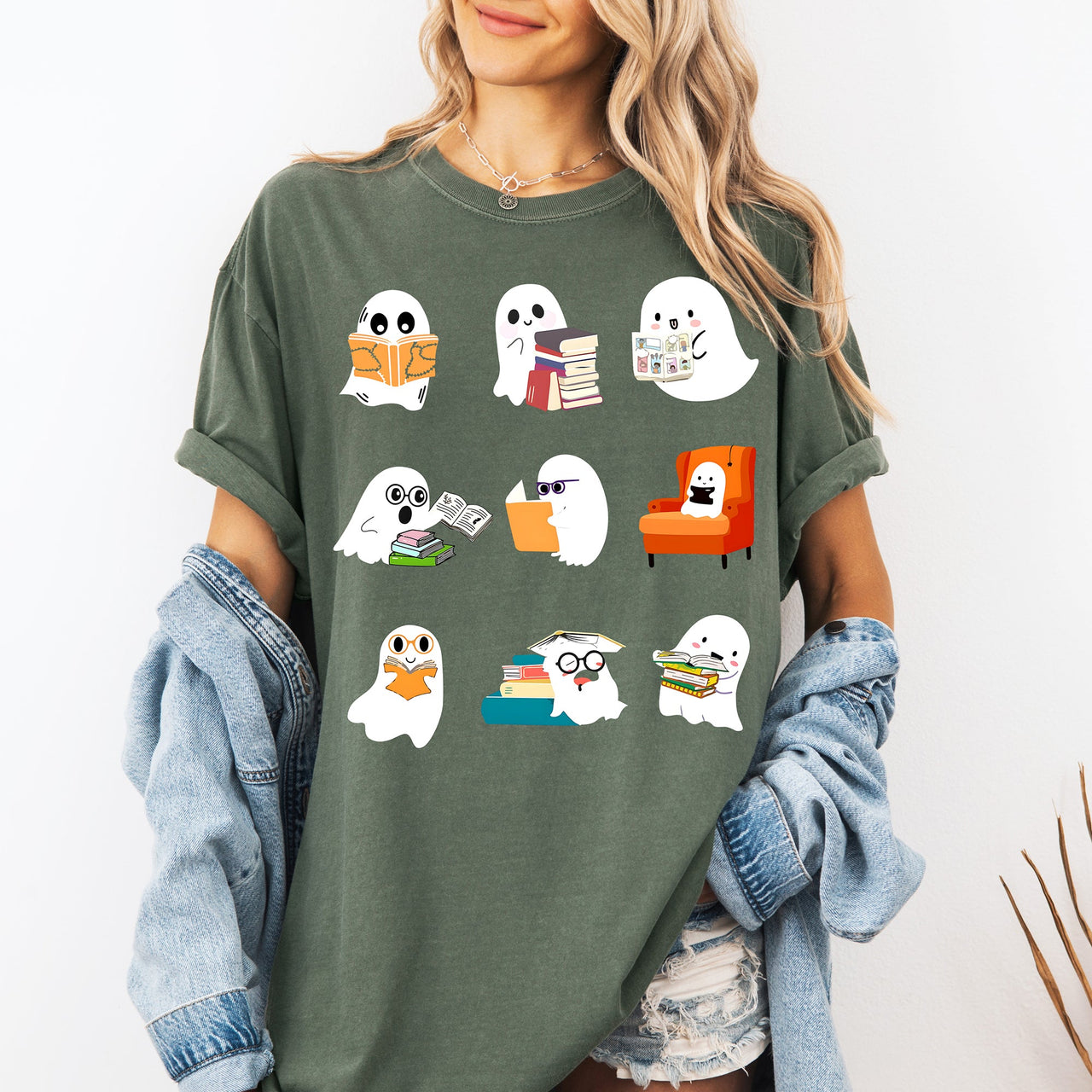 Reading Ghosts Halloween Library Books Scene Artwork Print Collection Comfort Colors Tee