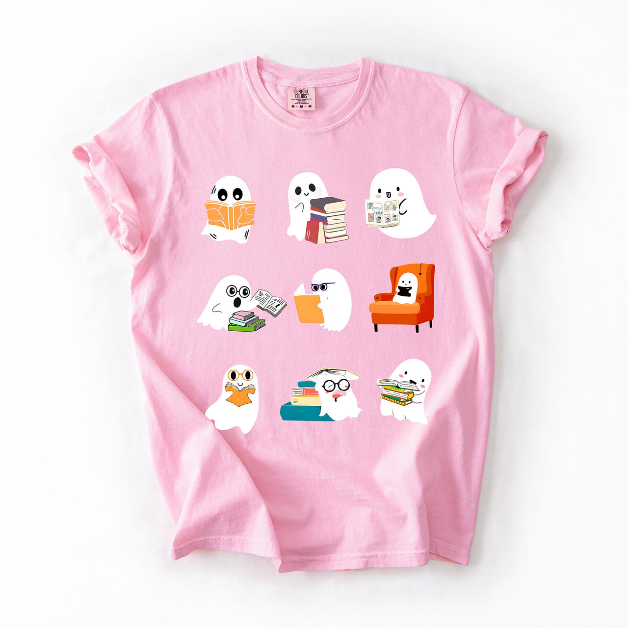 Reading Ghosts Halloween Library Books Scene Artwork Print Collection Comfort Colors Tee
