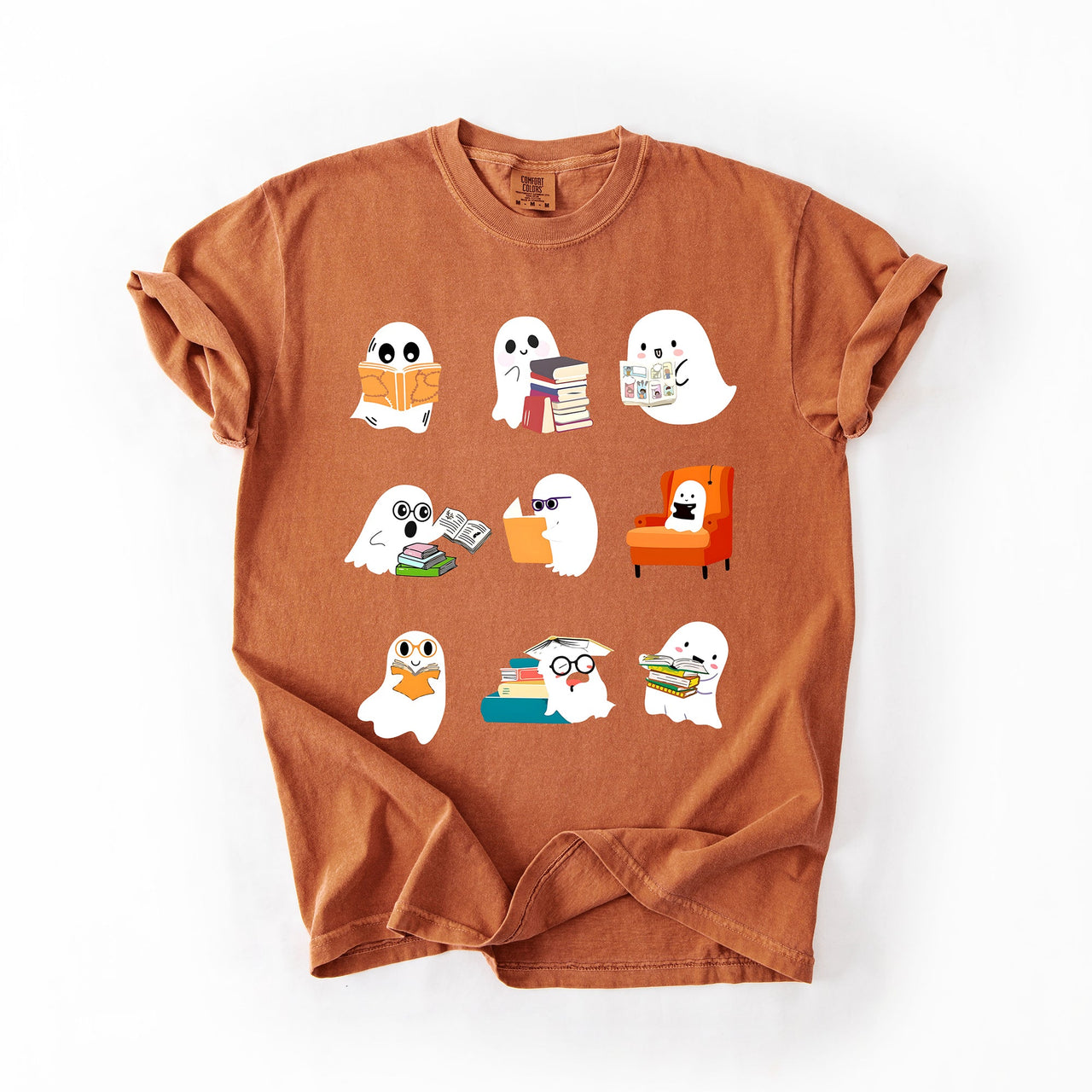 Reading Ghosts Halloween Library Books Scene Artwork Print Collection Comfort Colors Tee