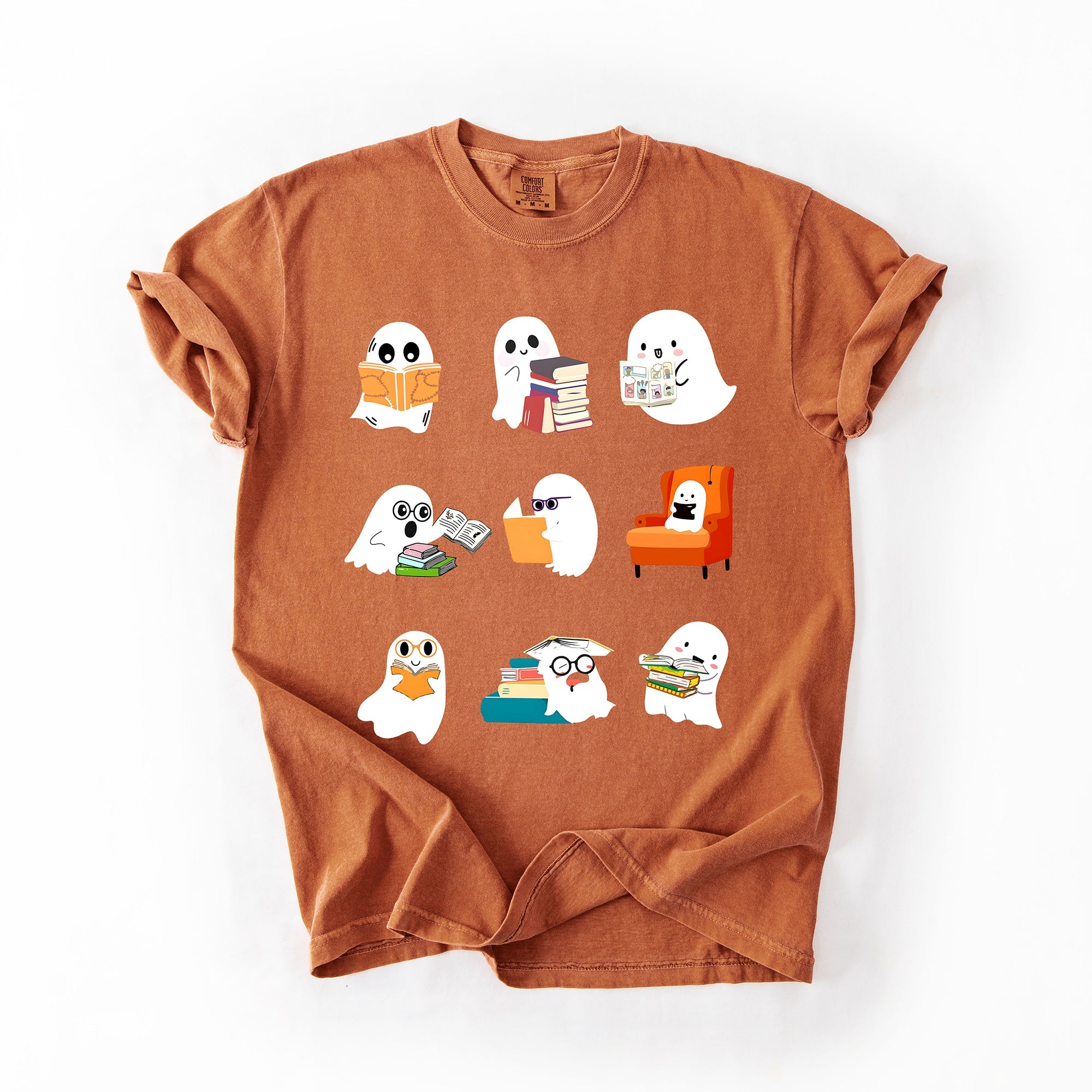 Reading Ghosts Halloween Library Books Scene Artwork Print Collection Comfort Colors Tee