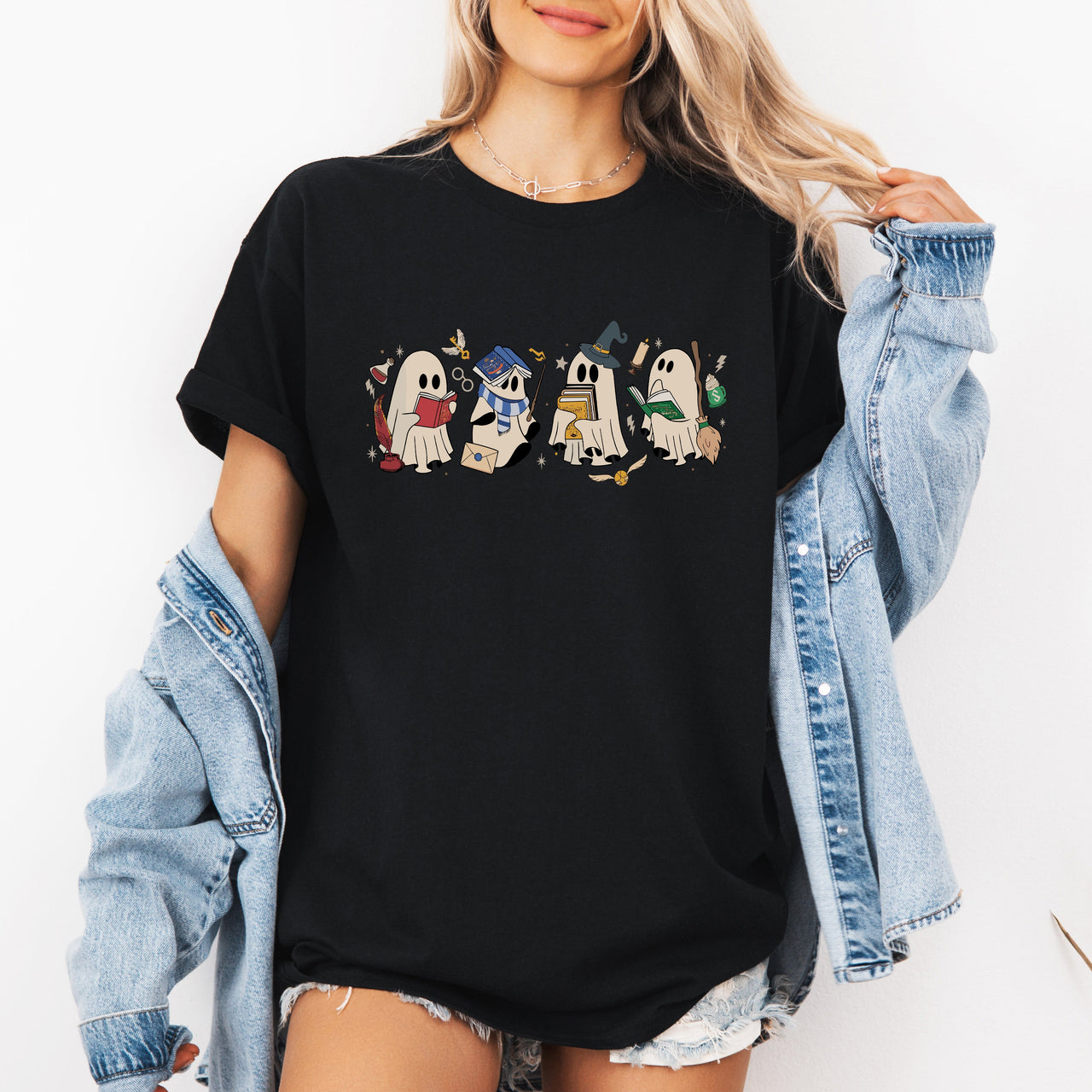 Reading Ghosts, Witches, Wizards Bookish Halloween Graphic Tee For Fans Of Spooky Stories And Classic Literature