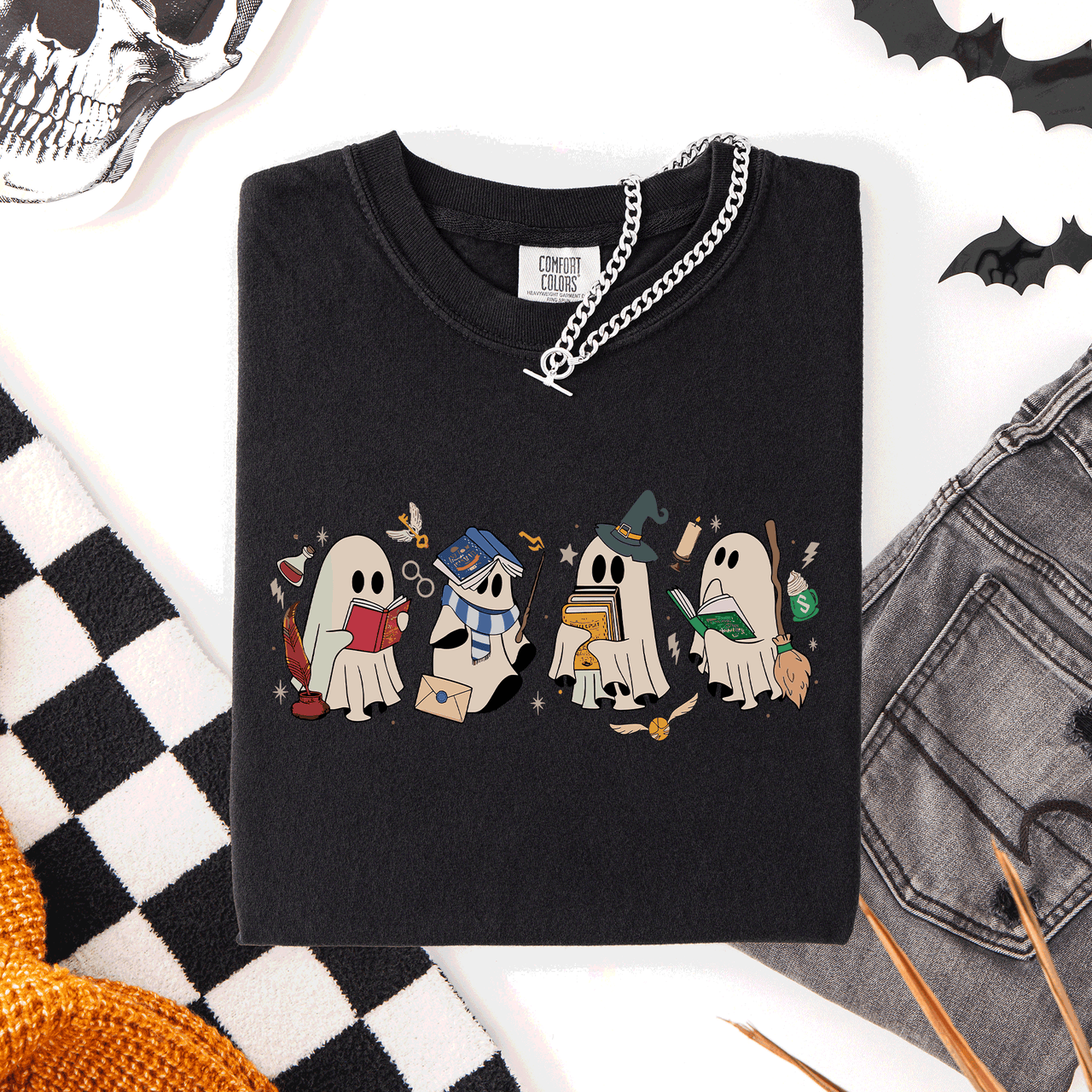 Reading Ghosts, Witches, Wizards Halloween Night Book Lovers Illustration Comfort Colors Tee