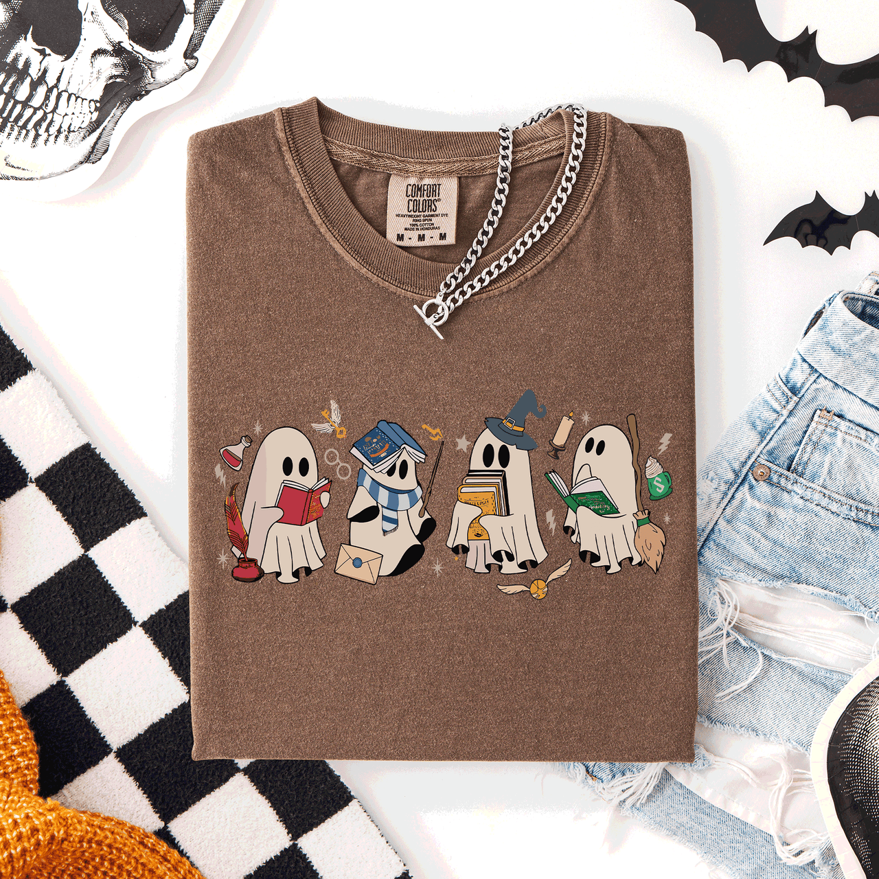 Reading Ghosts, Witches, Wizards Halloween Night Book Lovers Illustration Comfort Colors Tee