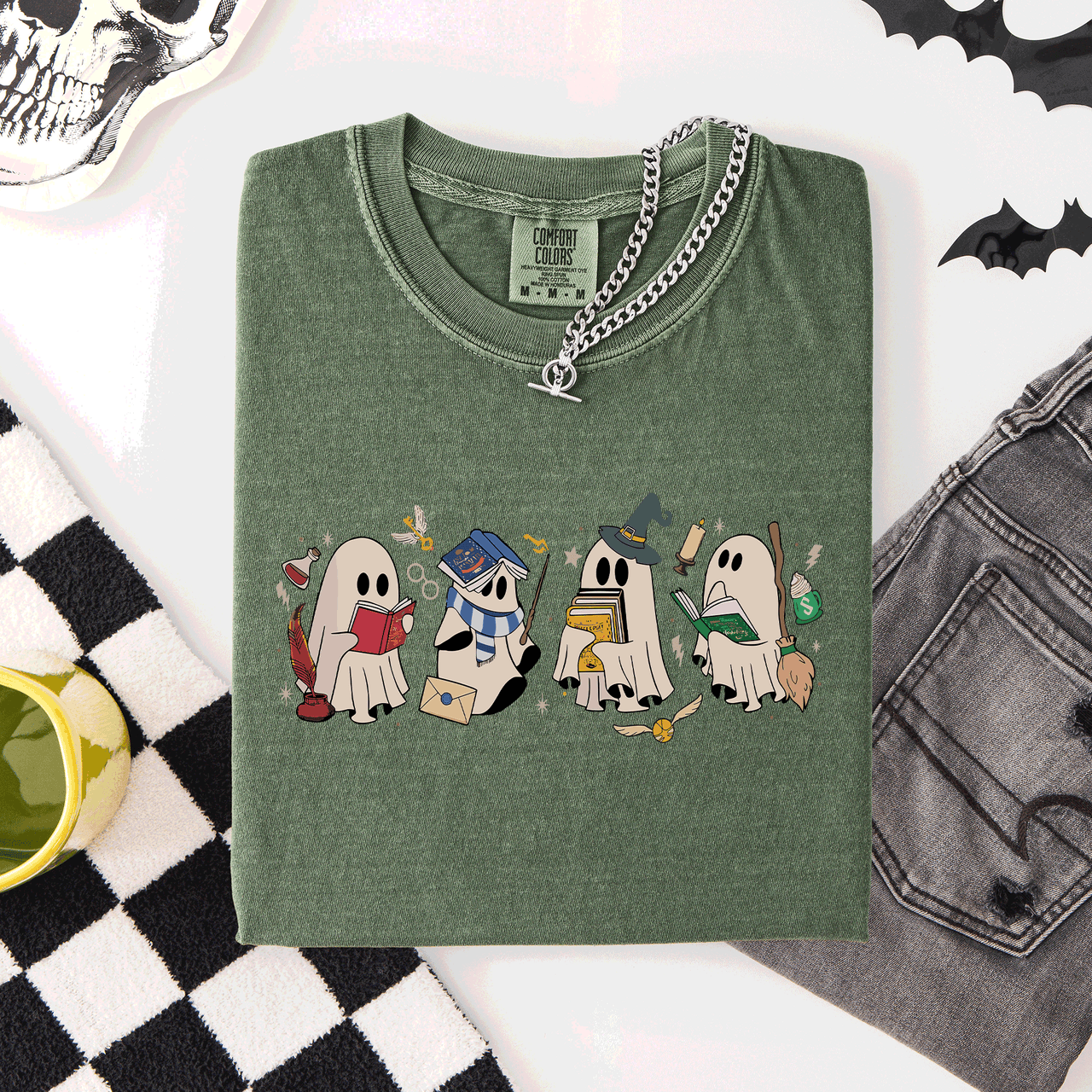 Reading Ghosts, Witches, Wizards Halloween Night Book Lovers Illustration Comfort Colors Tee