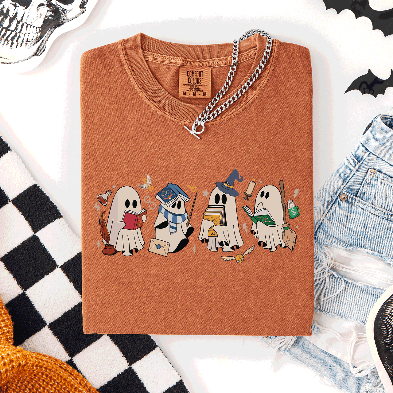 Reading Ghosts, Witches, Wizards Halloween Night Book Lovers Illustration Comfort Colors Tee