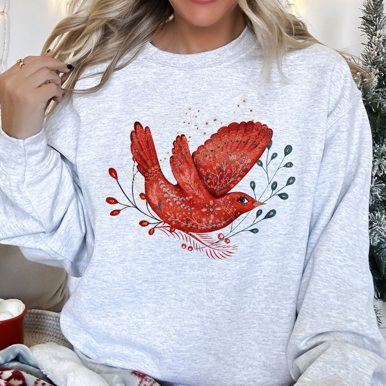 Red Bird Folk Art Scandinavian Winter Christmas Scene Cozy Festive Holiday Sweatshirt