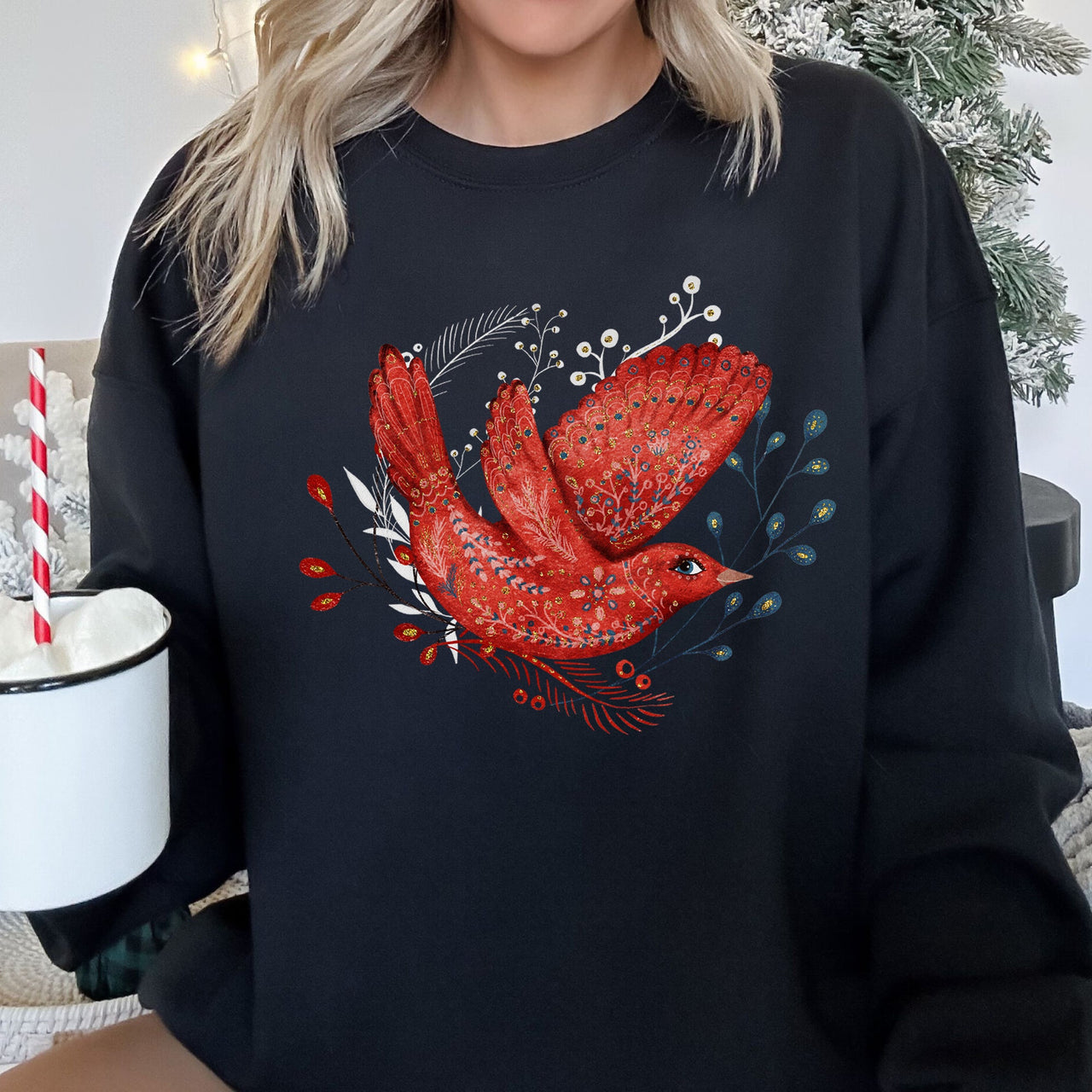 Red Bird Folk Art Scandinavian Winter Christmas Scene Cozy Festive Holiday Sweatshirt