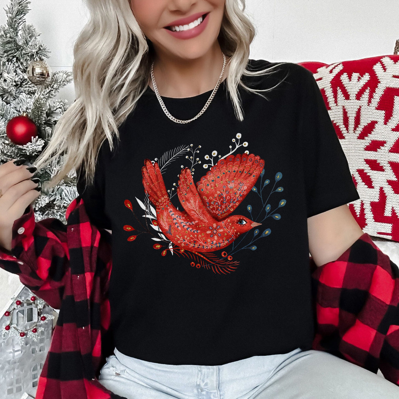 Red Bird Folk Art Scandinavian Winter Christmas Patterned Illustration Graphic Tee