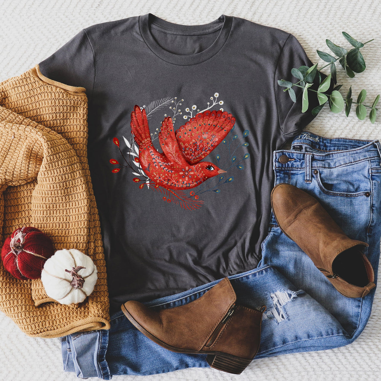 Red Bird Folk Art Scandinavian Winter Christmas Patterned Illustration Graphic Tee