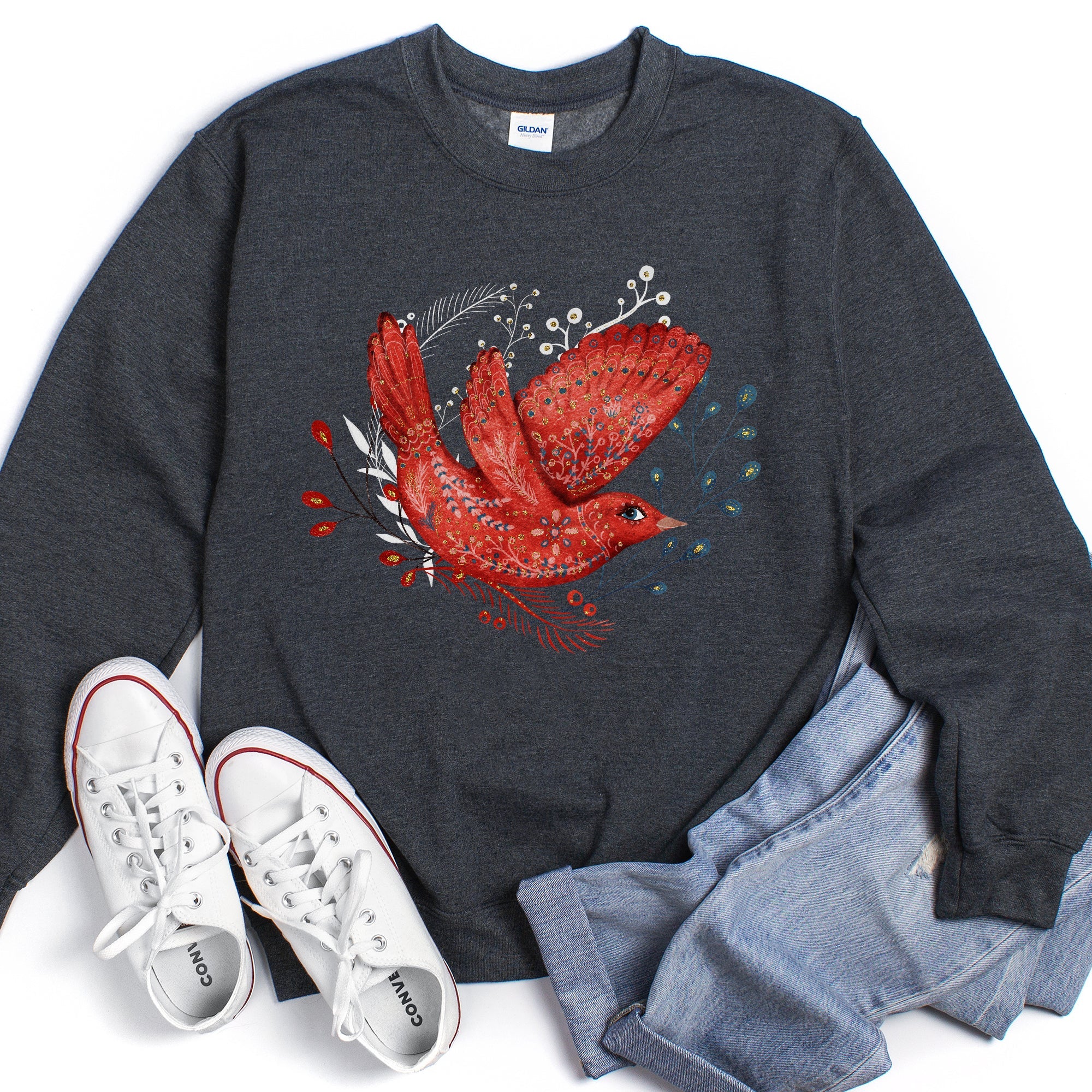 Red Bird Folk Art Scandinavian Winter Christmas Scene Cozy Festive Holiday Sweatshirt