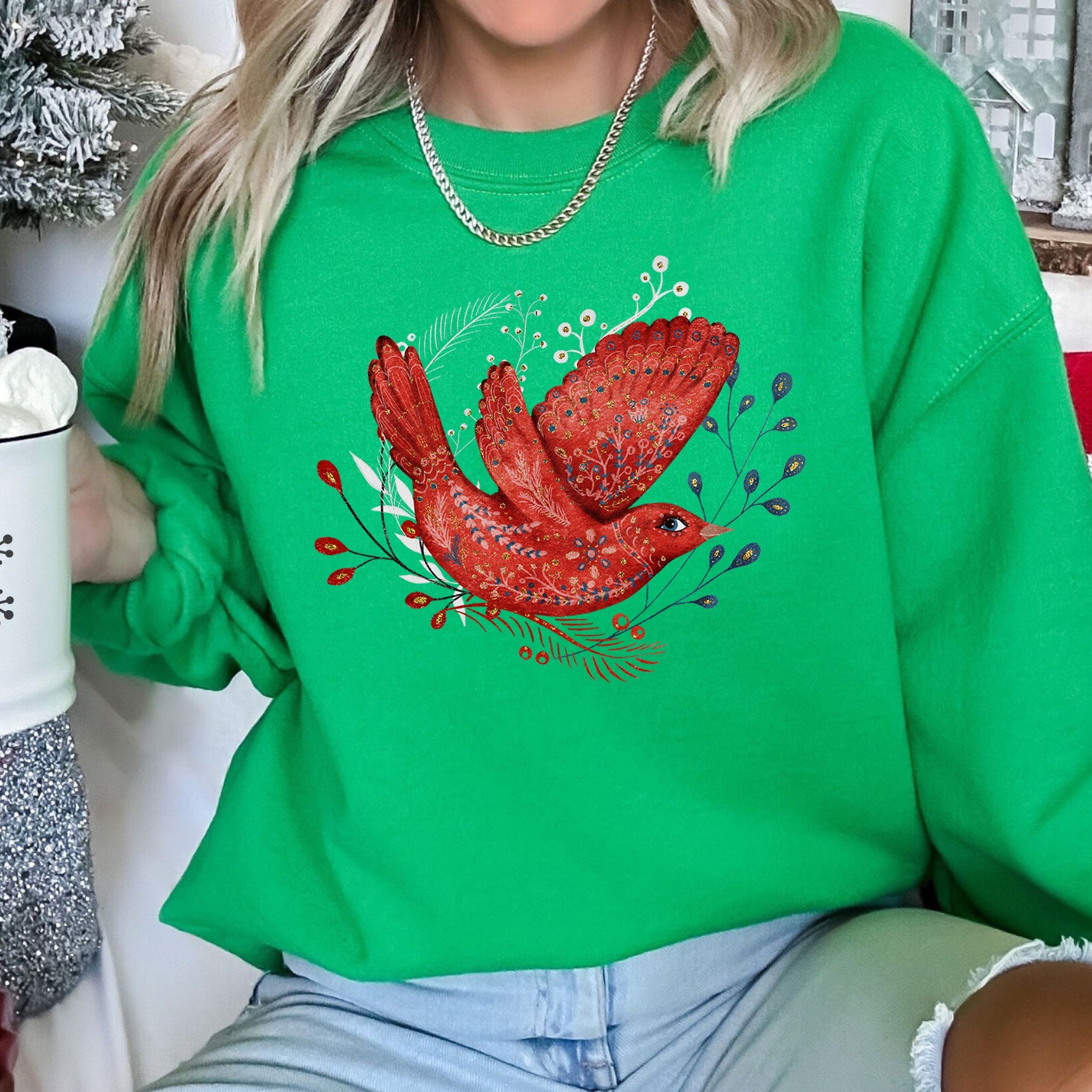 Red Bird Folk Art Scandinavian Winter Christmas Scene Cozy Festive Holiday Sweatshirt